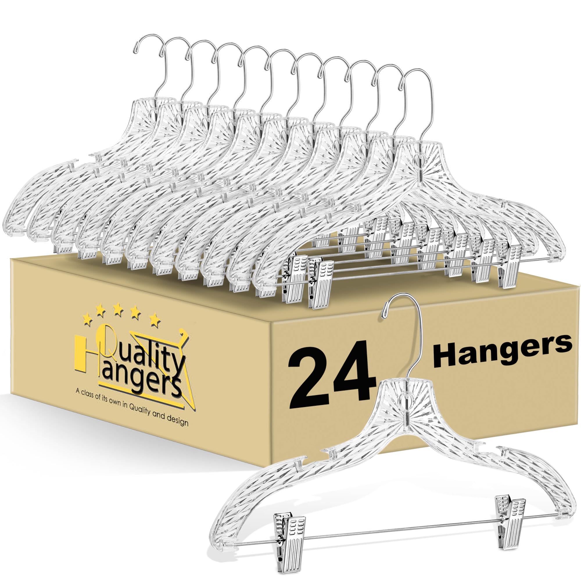 Quality Hangers Clear Plastic Hangers 24 Pack - Crystal Cut Hangers For Clothes - Invisible Dress Hangers For Suits (24, Crystal