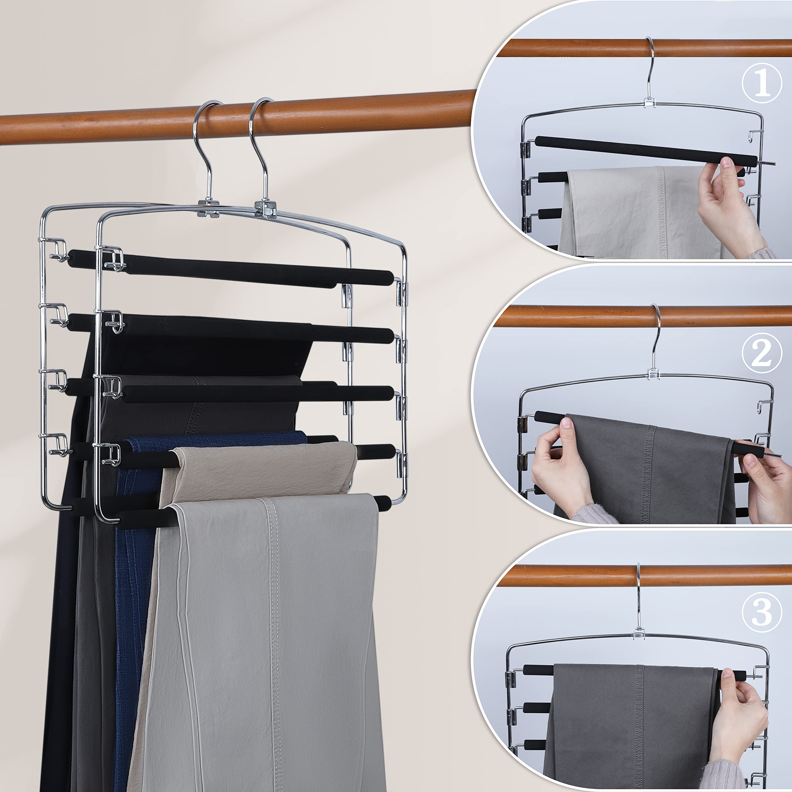 TOPIA HANGER Pants Hangers Space Saving  3-Pack Swing Arm Pants Organizer for Closet  Non-Slip Foam Padded Organizer Hanger for Multi Slacks  Jeans  Trousers  Skirts  Scarfs (Black)-CT27B
