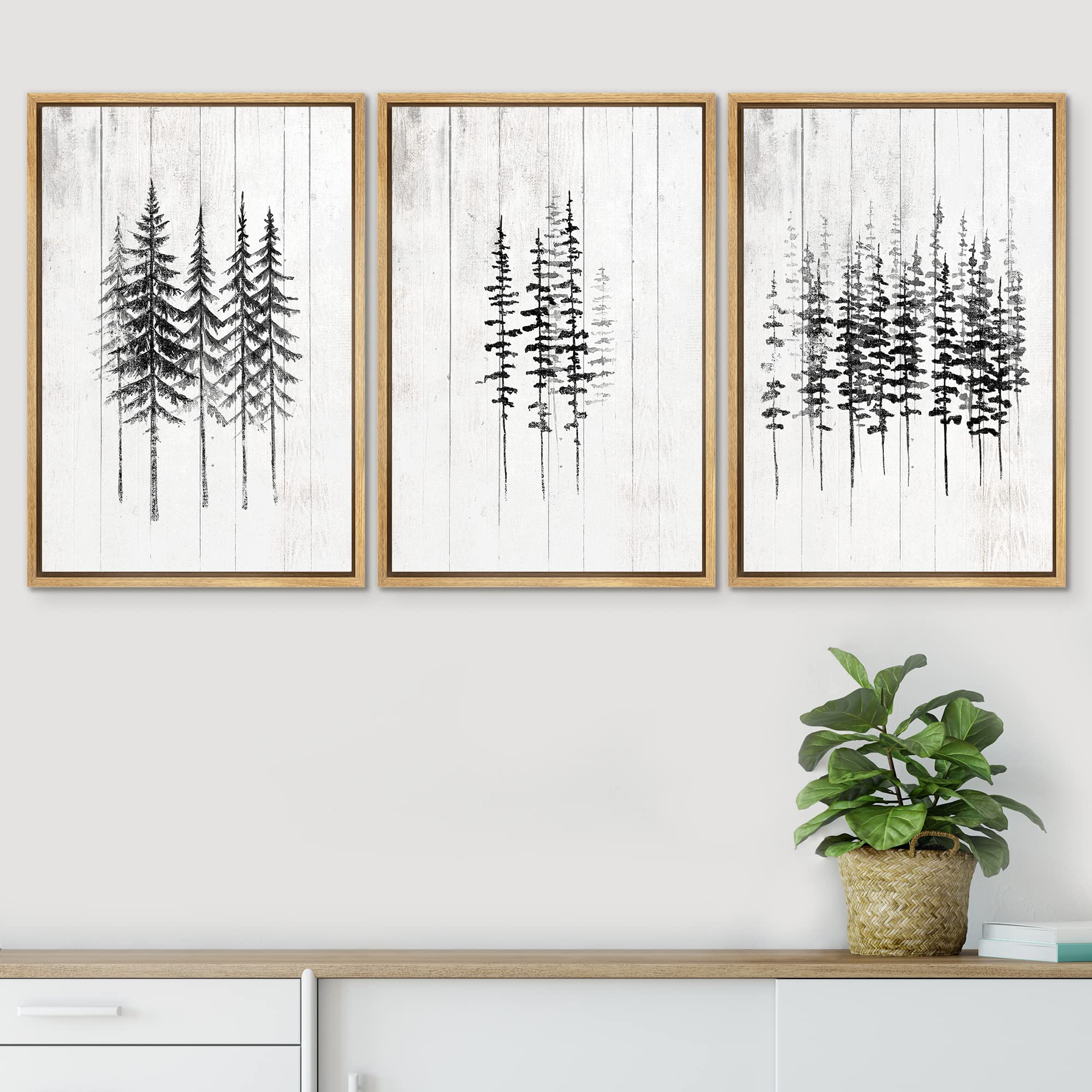 Signwin Framed Canvas Print Wall Art Group Of Black And Gray Trees Decorative Shapes Illustrations Modern Art Rustic Relax/Calm