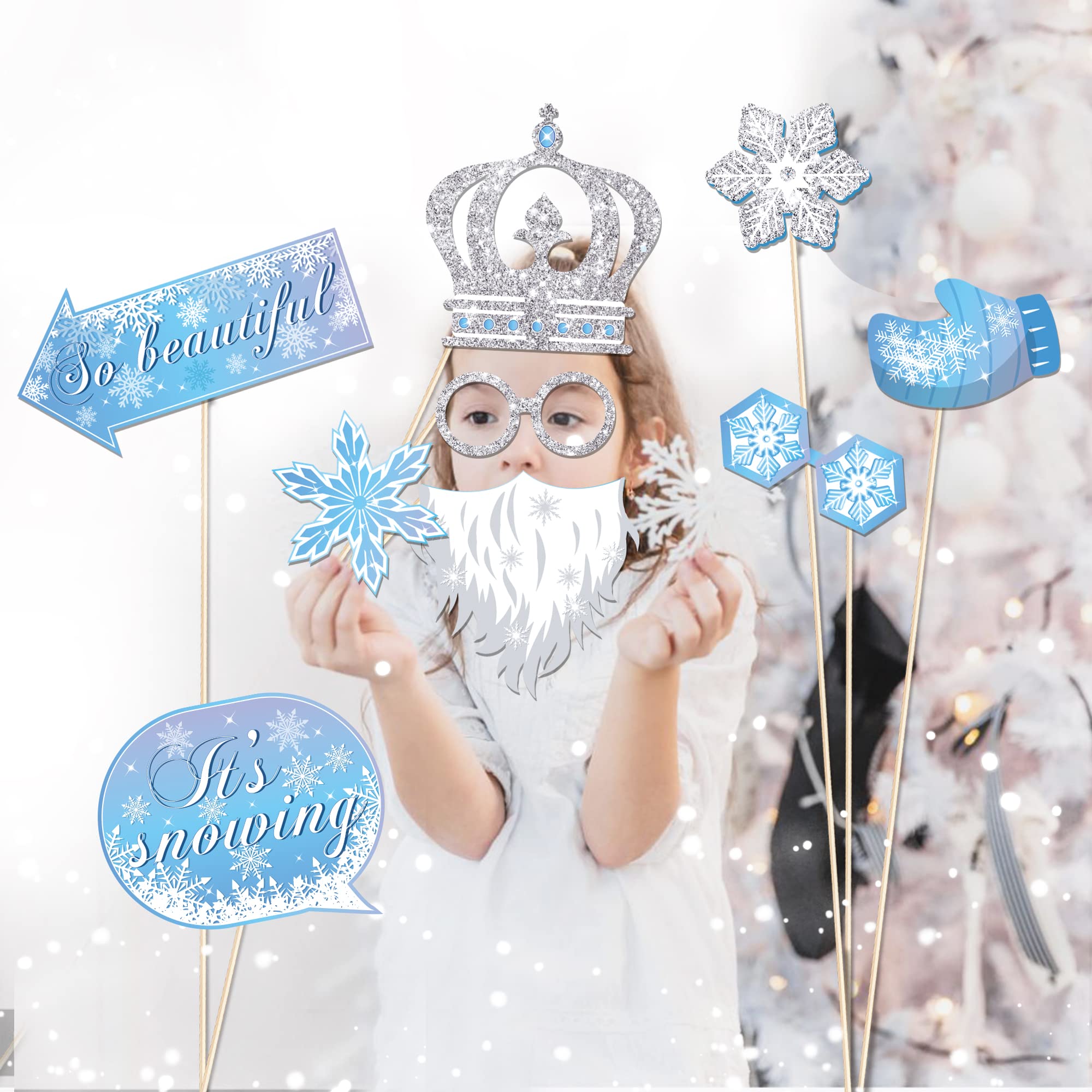 Snowflake Photo Booth Props With Sticks, Blue Snow Photo Booth Props, Christmas Selfie Props, Winter Themed Party Decorations (2