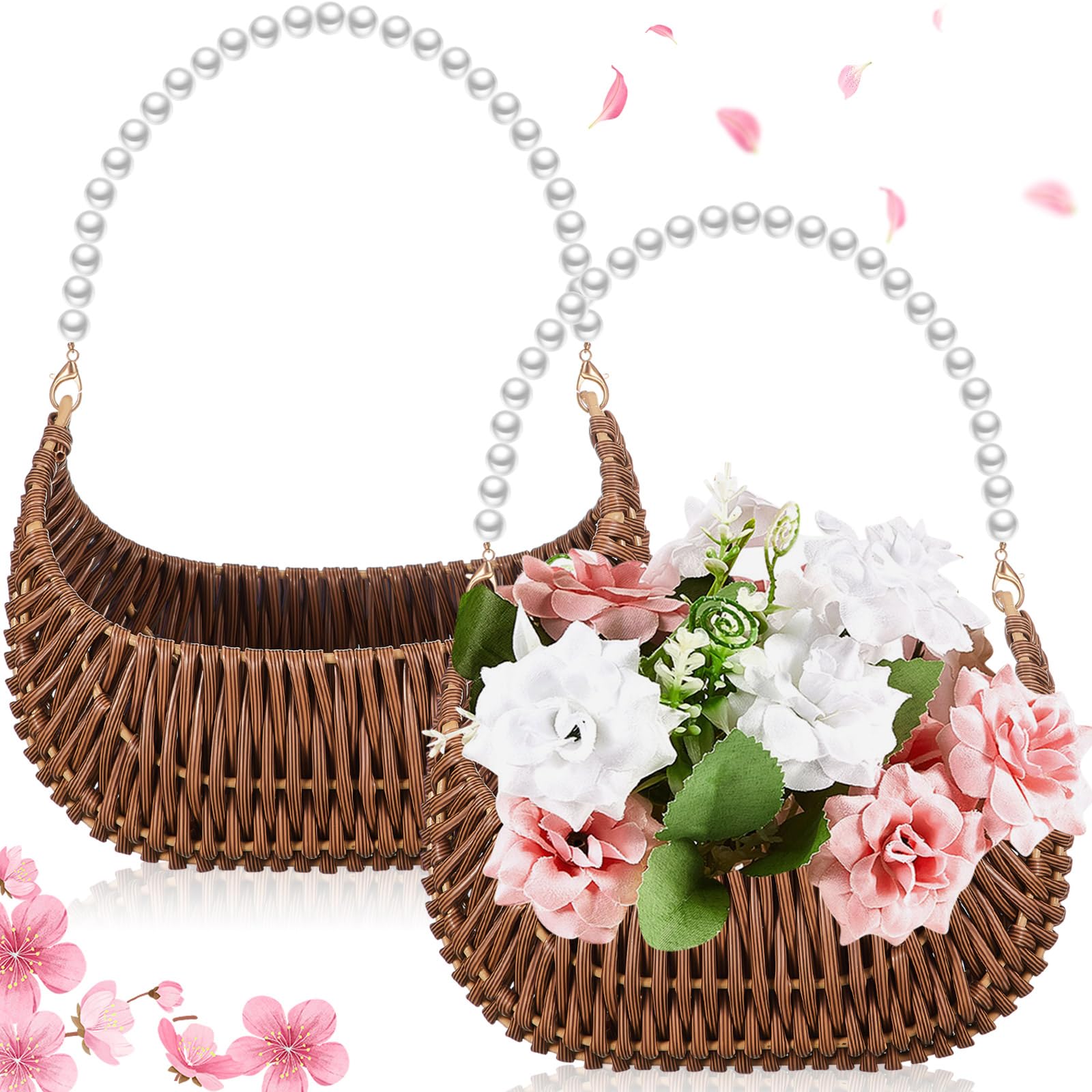 Taiyin 2 Pcs Flower Girl Basket Pearl Handle 7x5x4 Wicker,Dark Brown