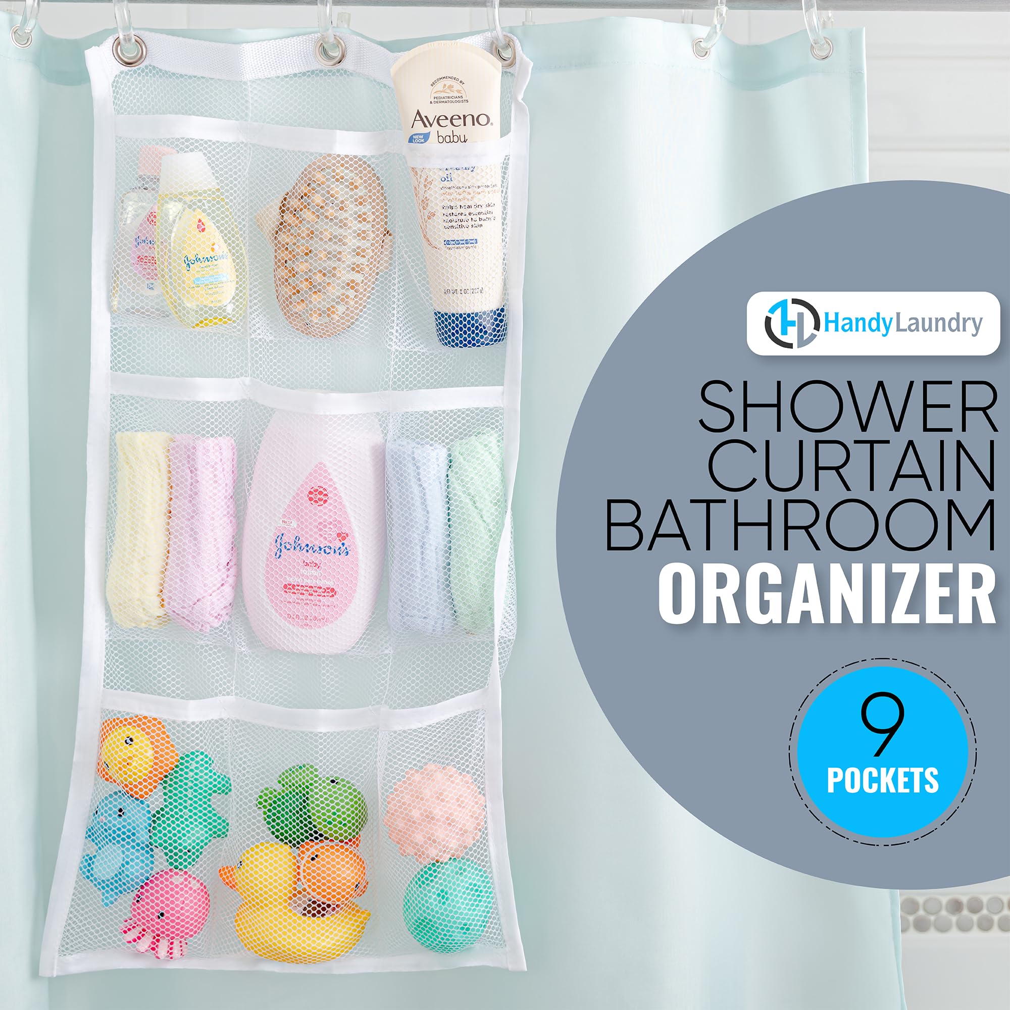 Handy Laundry 9 Pocket Shower Curtain Organizer - White, Durable Mesh for Toiletries & Toys, Model 5098