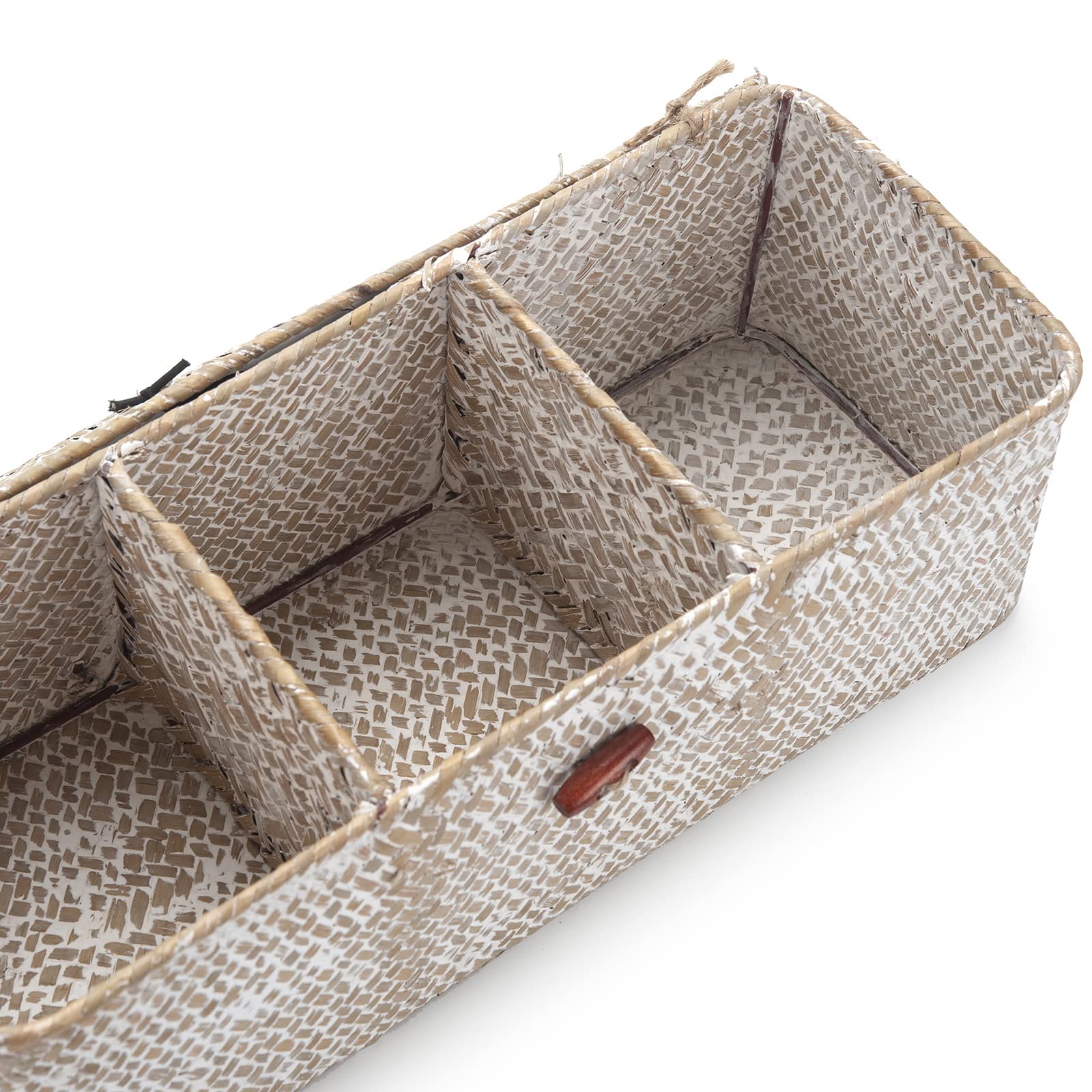Seagrass Storage Basket with Lid Rectangular Small Woven Shelf Baskets with Sections for Organize Snack Toys Whitewash