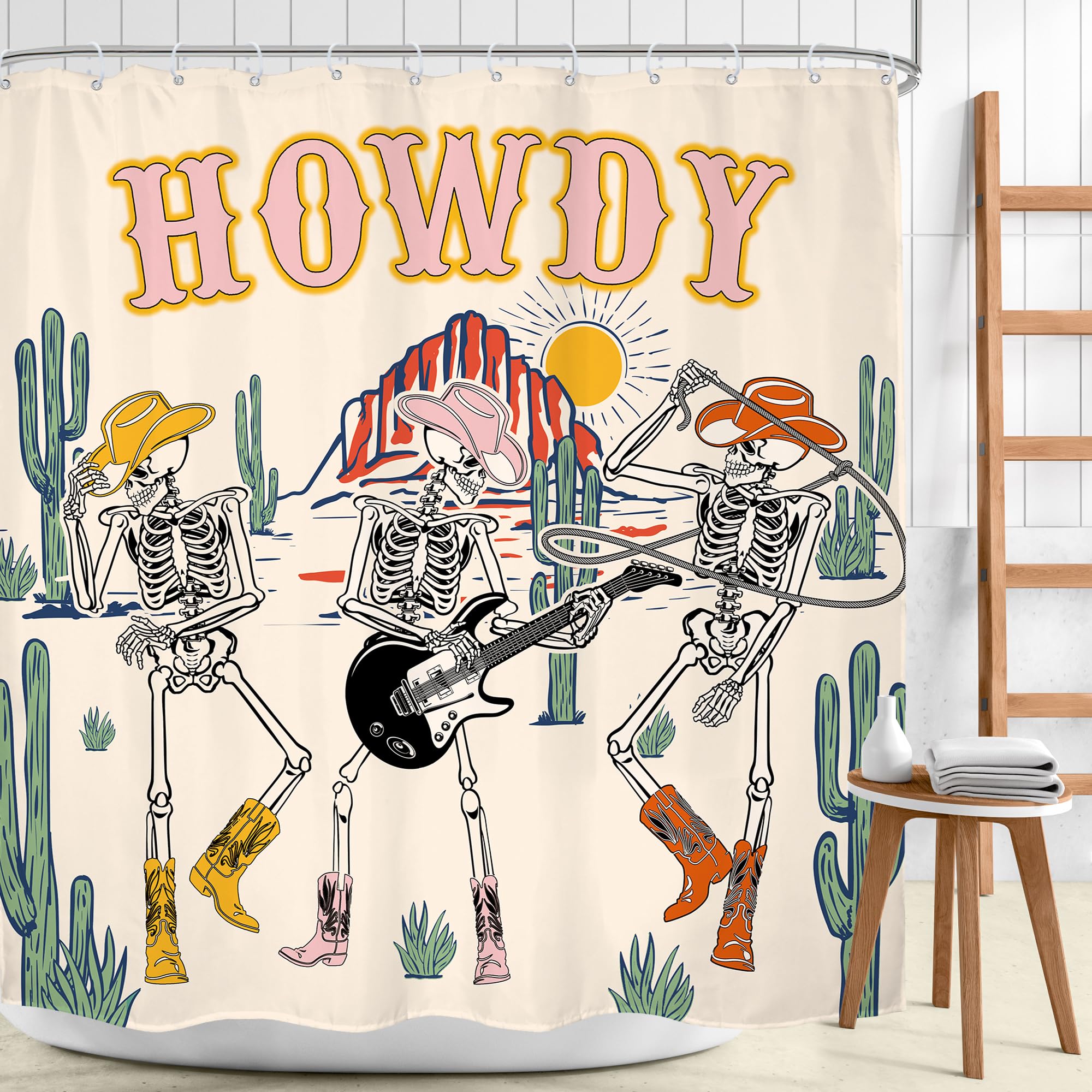 Mitpok Halloween Western Cowboy Skull Shower Curtain Funny Skeleton Retro Cowgirl Texas Howdy Funky Groovy Wild West Desert Goth