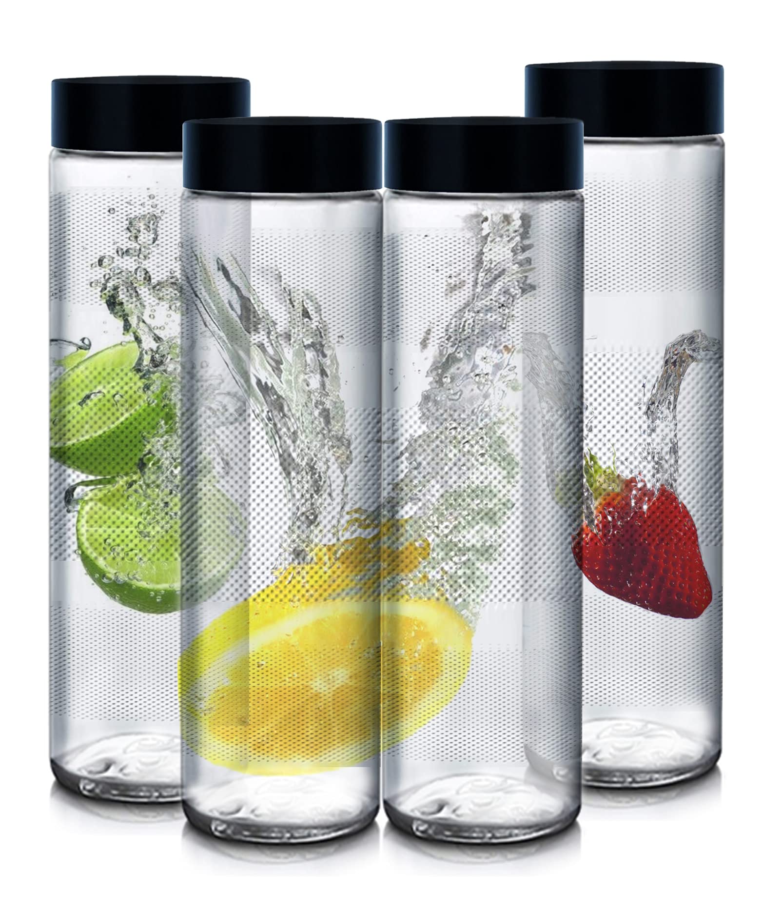 Vency Glass Water Bottles | Set Wide Mouth| with AirTight Leak Proof Reusable Black Plastic Lids | Juicing, Smoothies, Beverage 