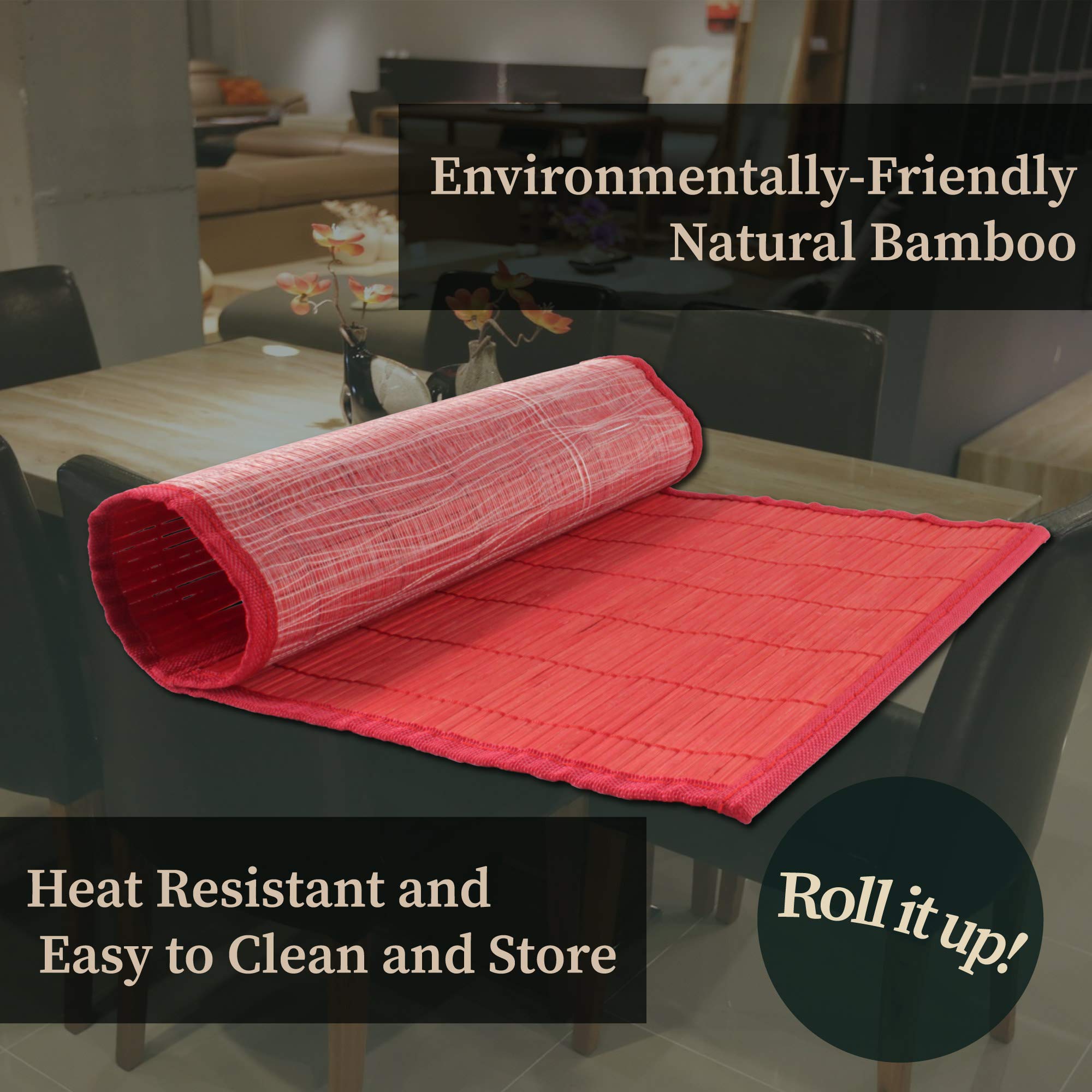 Bamboomn Bamboo Slats Placemat With Fabric Border - Solid Color Print - 18'' X 13'' - Red, 6 Pcs