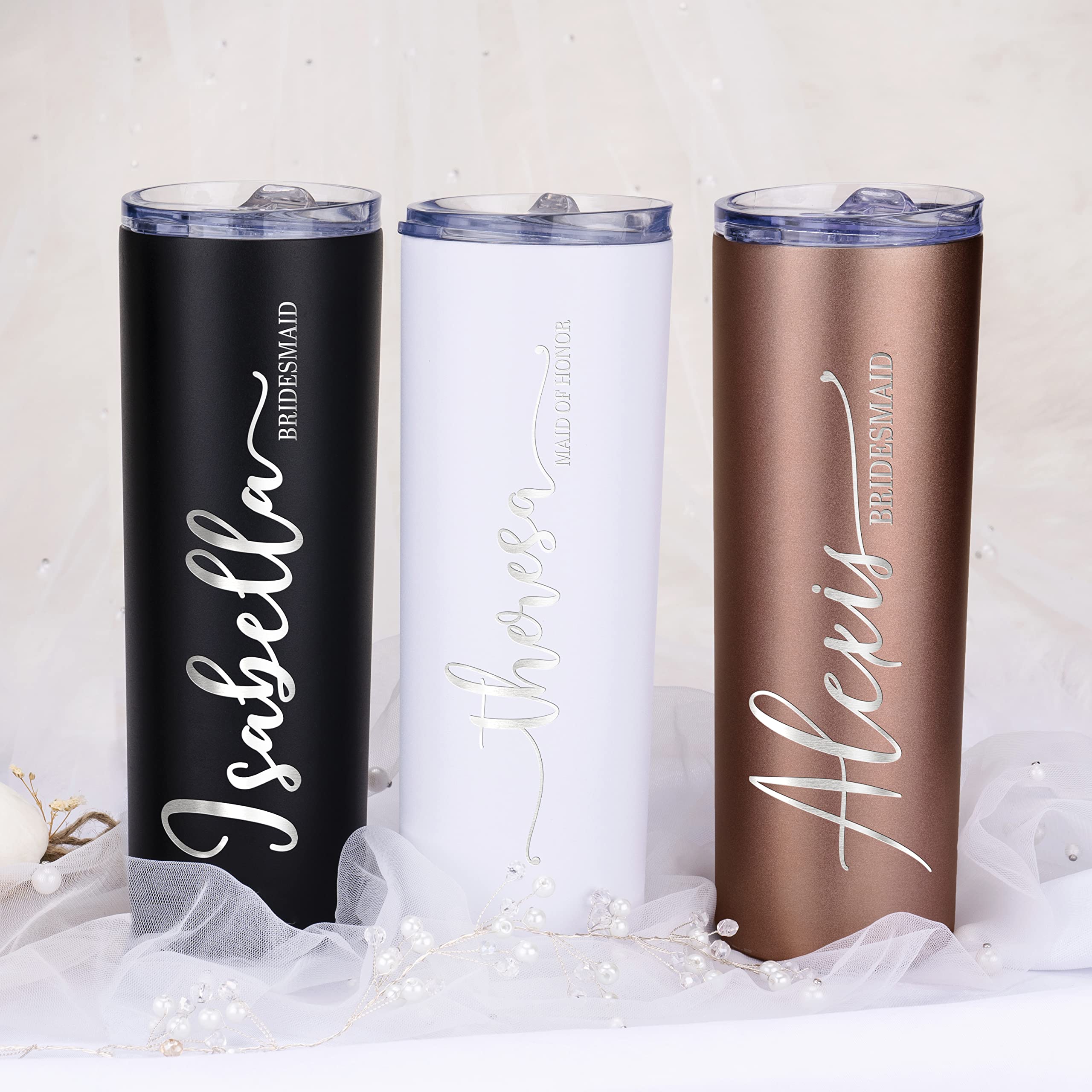 Lily'S Atelier Bridesmaid Gifts Set Of 5, Personalized Bridesmaid Tumbler W/Name And Title - 8 Vivid Colors, 5 Designs - 20 Oz E