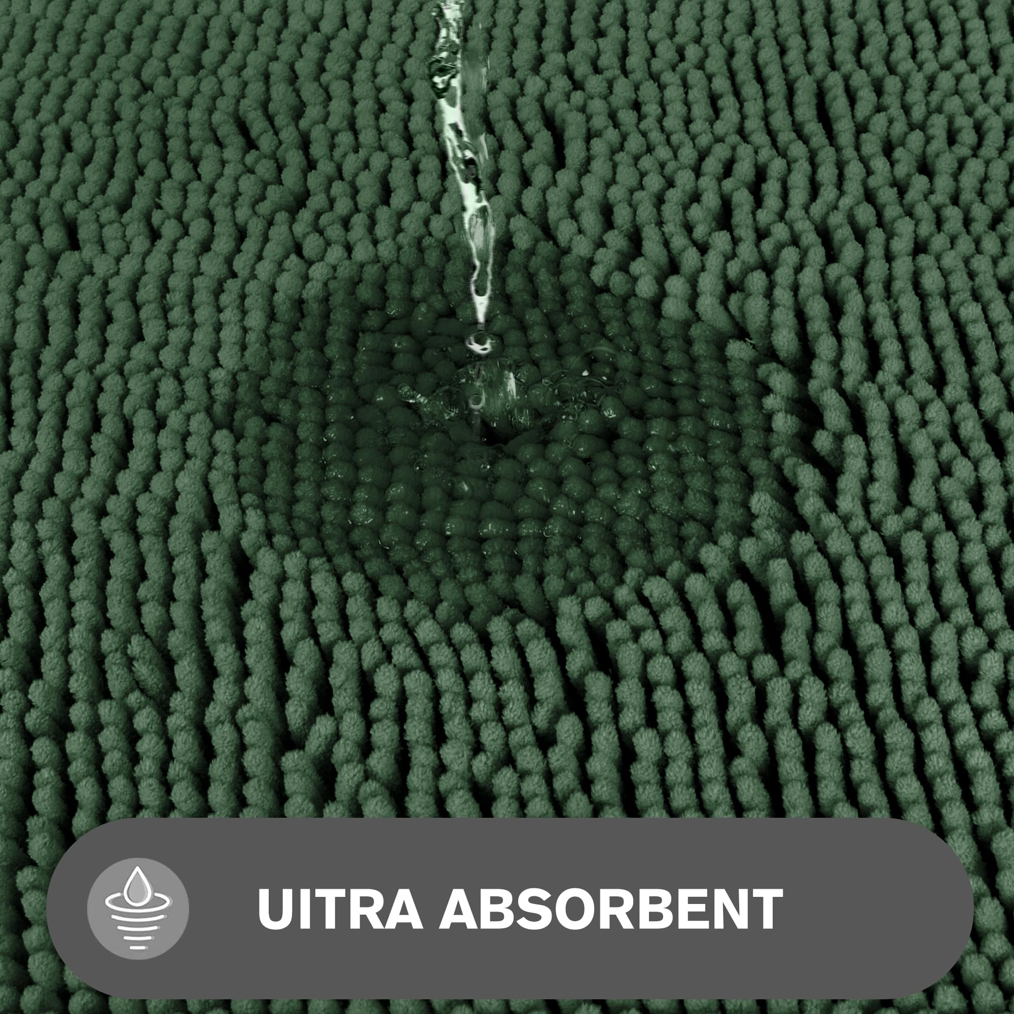 Pureswan Dark Green Bathroom Rugs - Absorbent And Washable Bath Mat, Non-Slip, Thick Soft Chenille Bath Rugs For Bathroom Floor,