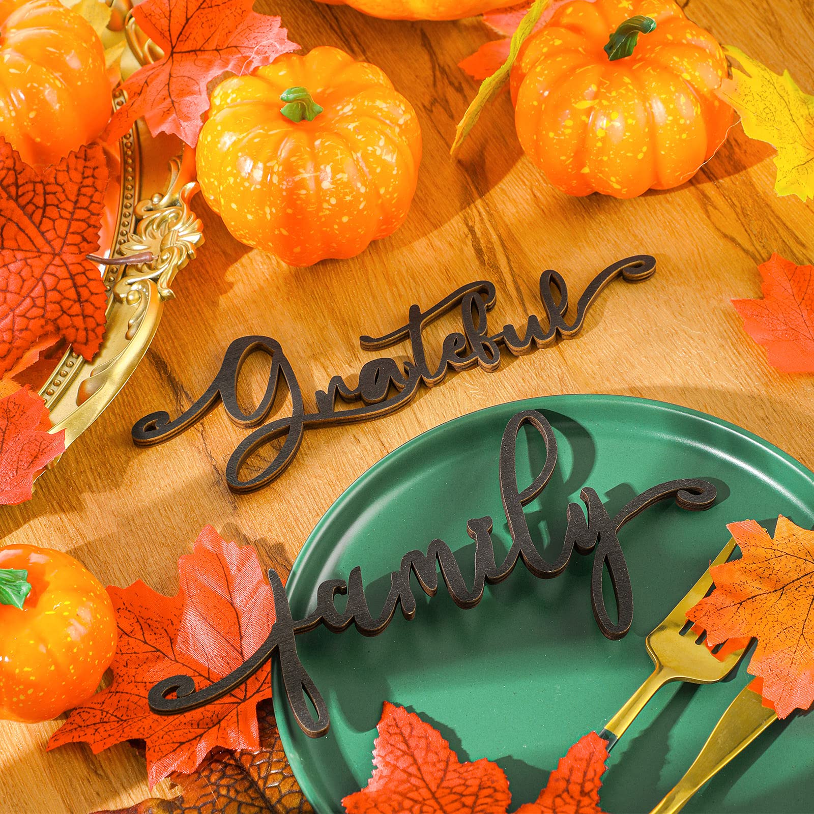 Jetec 40 Pieces Thanksgiving Decor Thankful Grateful Blessed Wood Cutout Sign for Plate Table Wall Decor Rustic Wooden Word Cuto