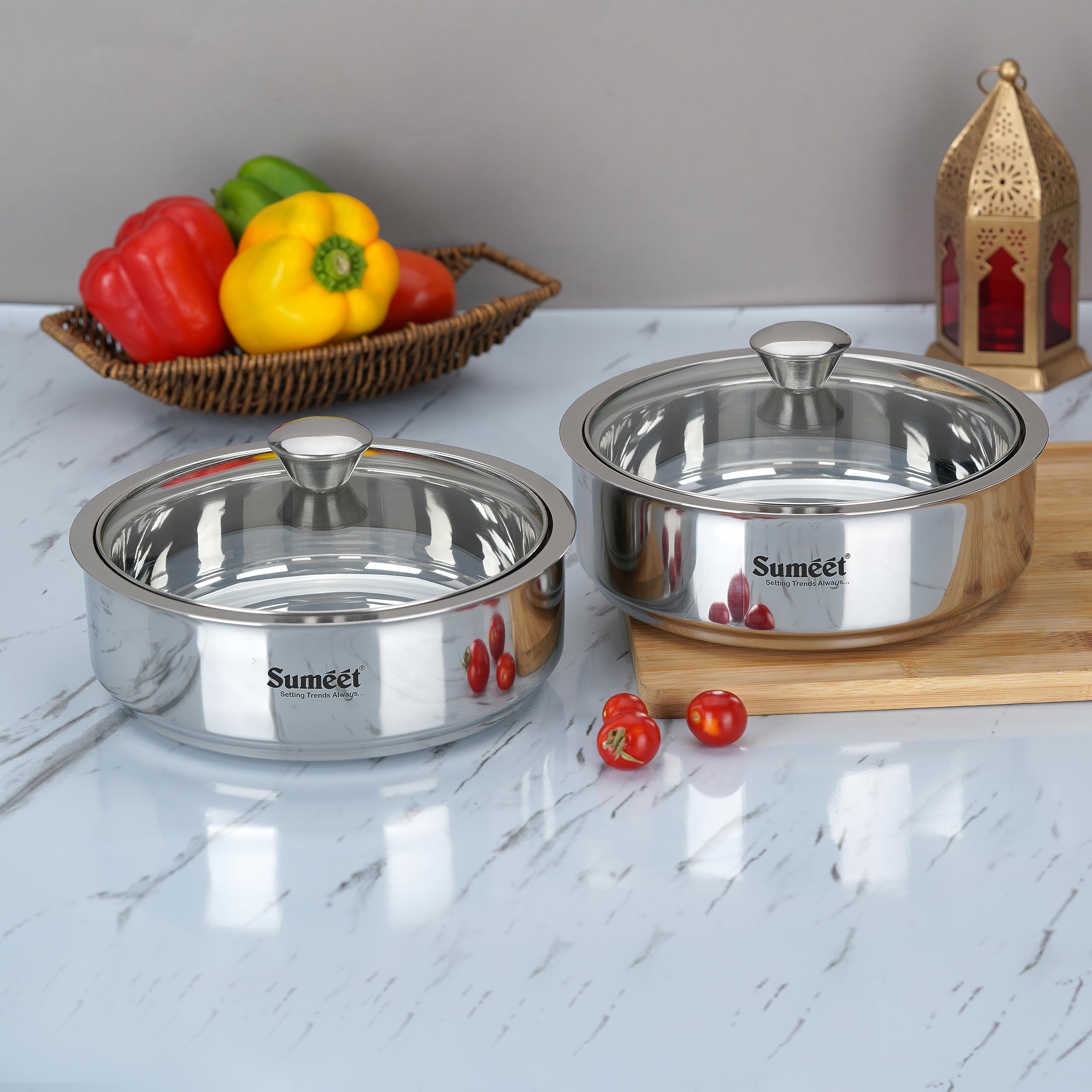 Sumeet Stainless Steel Casserole With Glass Lid | 2 Pieces - 1 Ltr Each | Includes Roti & Gravy Pots | Keeps Food Warm & Fresh |