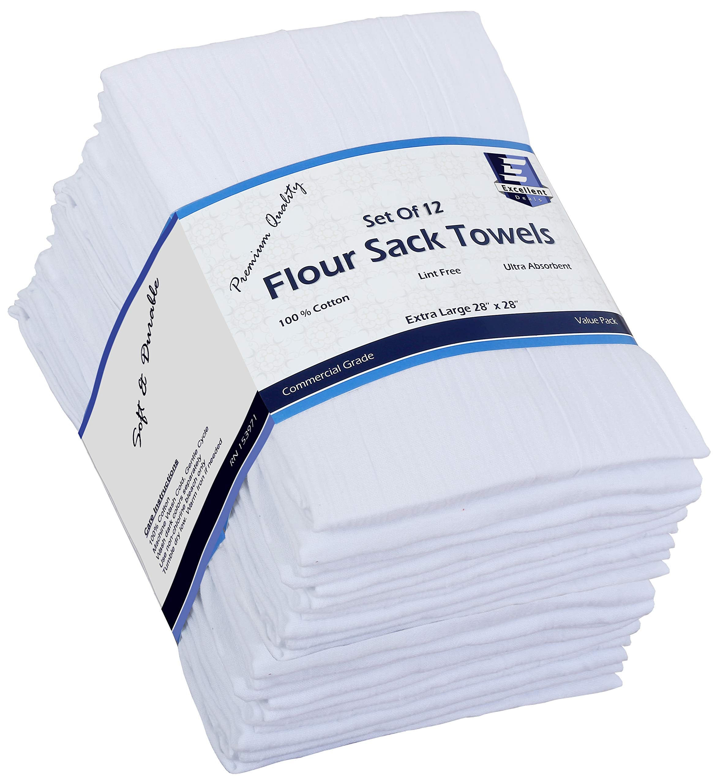 Flour Sack Kitchen Towels (White,12 Pack) 100% Cotton,28x28 Inch Cloth Napkin, Bread wrapper, Cheesecloth, Multi Purpose Kitchen