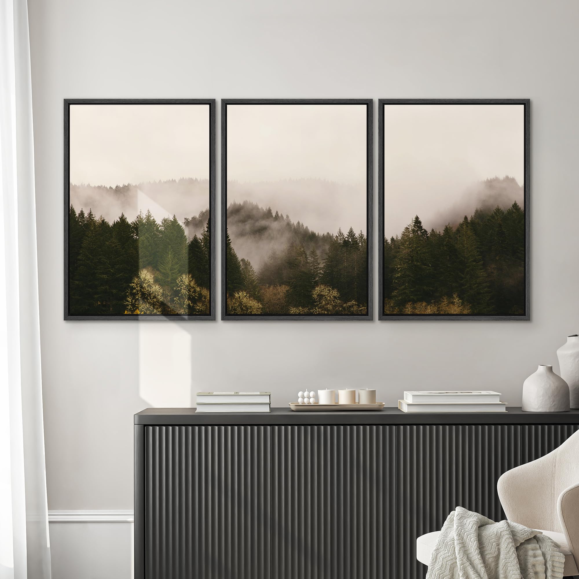 SIGNWIN 3 Piece Framed Canvas Wall Art Brown Foggy Mountains Nature Wilderness Photography Abstract Rustic Canvas Prints Home Artwork Decoration for Living Room Bedroom - 16 ''x24 ''x3 Panels