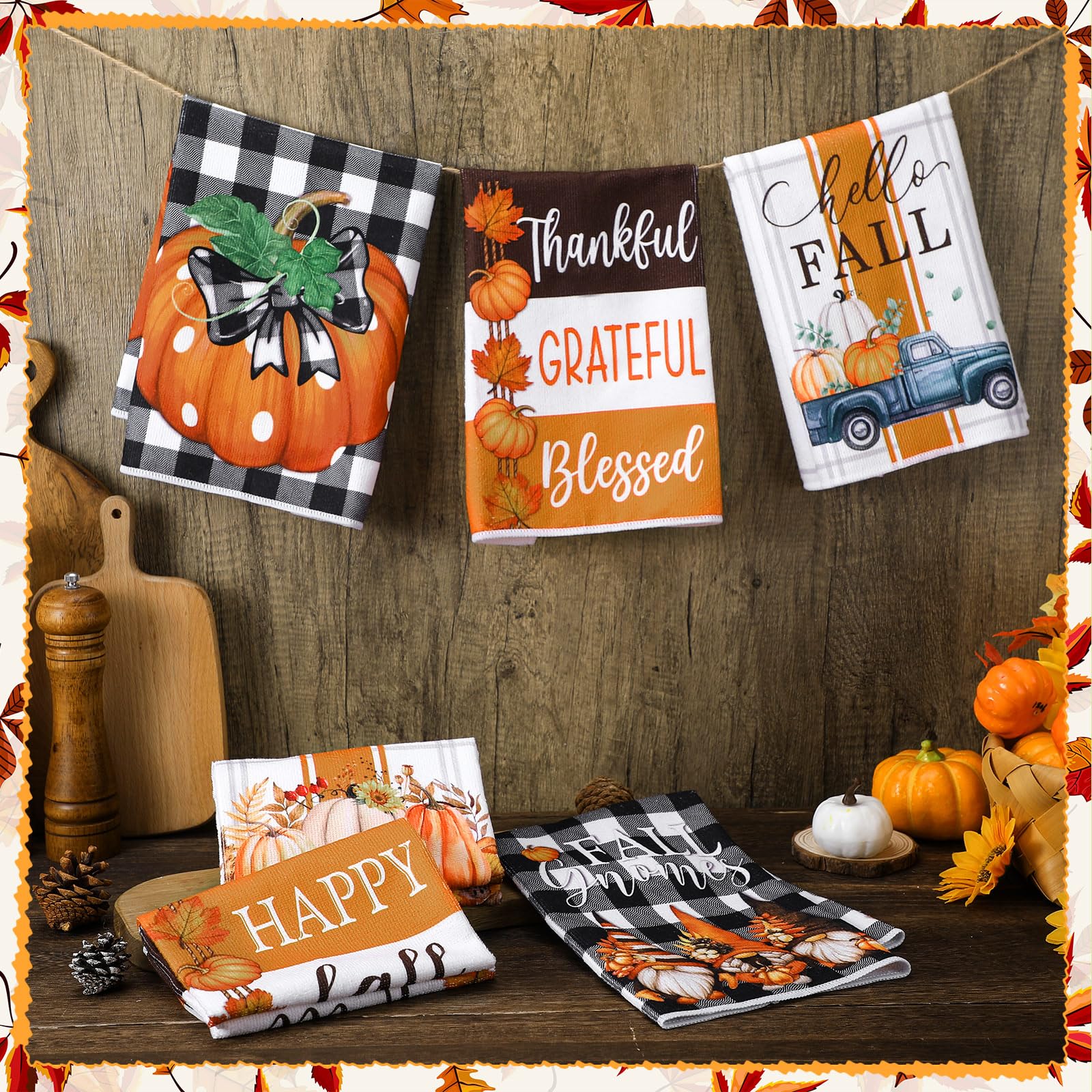 Windkream 6-Piece Fall Thanksgiving Kitchen & Bath Towels - Pumpkin Buffalo Plaid 21.26 x 14.17 Inches Autumn Tea Towels for Kit