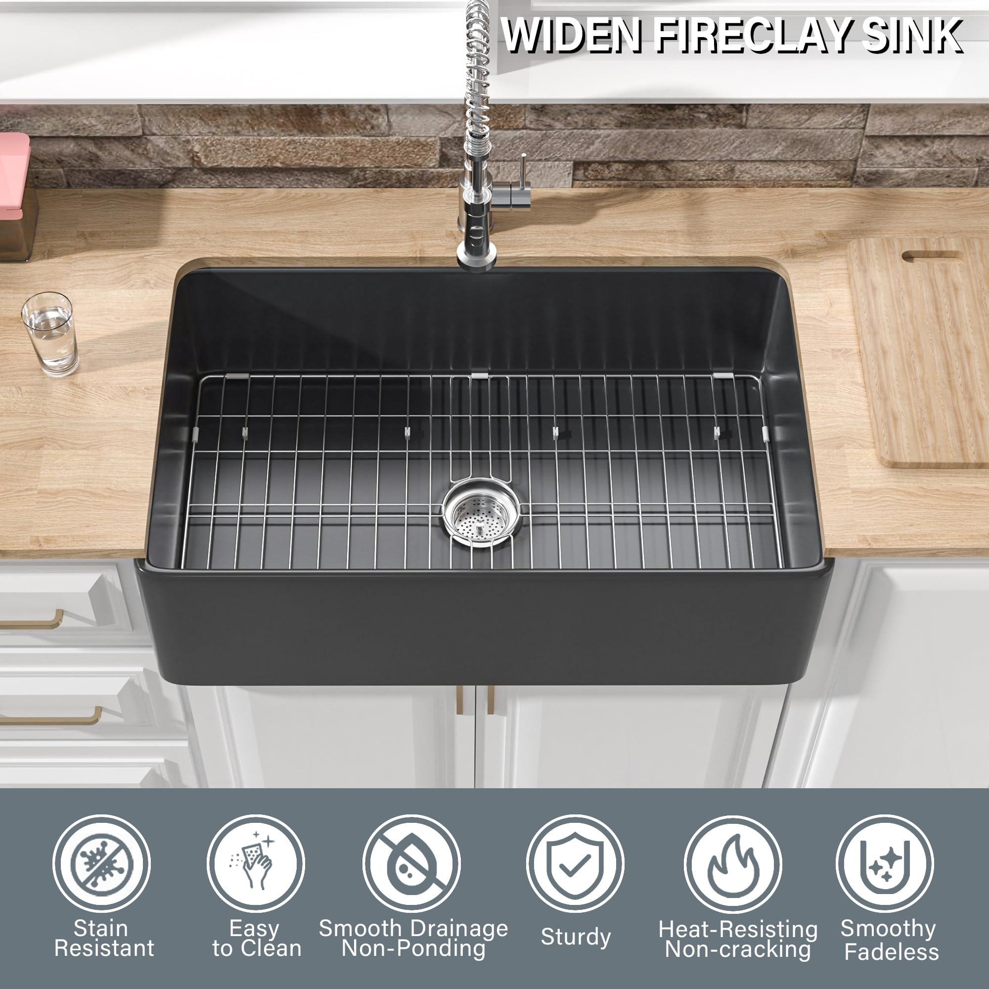 Homlylink Black Farmhouse Sink 33 X 20 Inch,Wide & Large Farm Sink Black,10'' High Fireclay Apron Sink, Single Bowl Farmer Barn