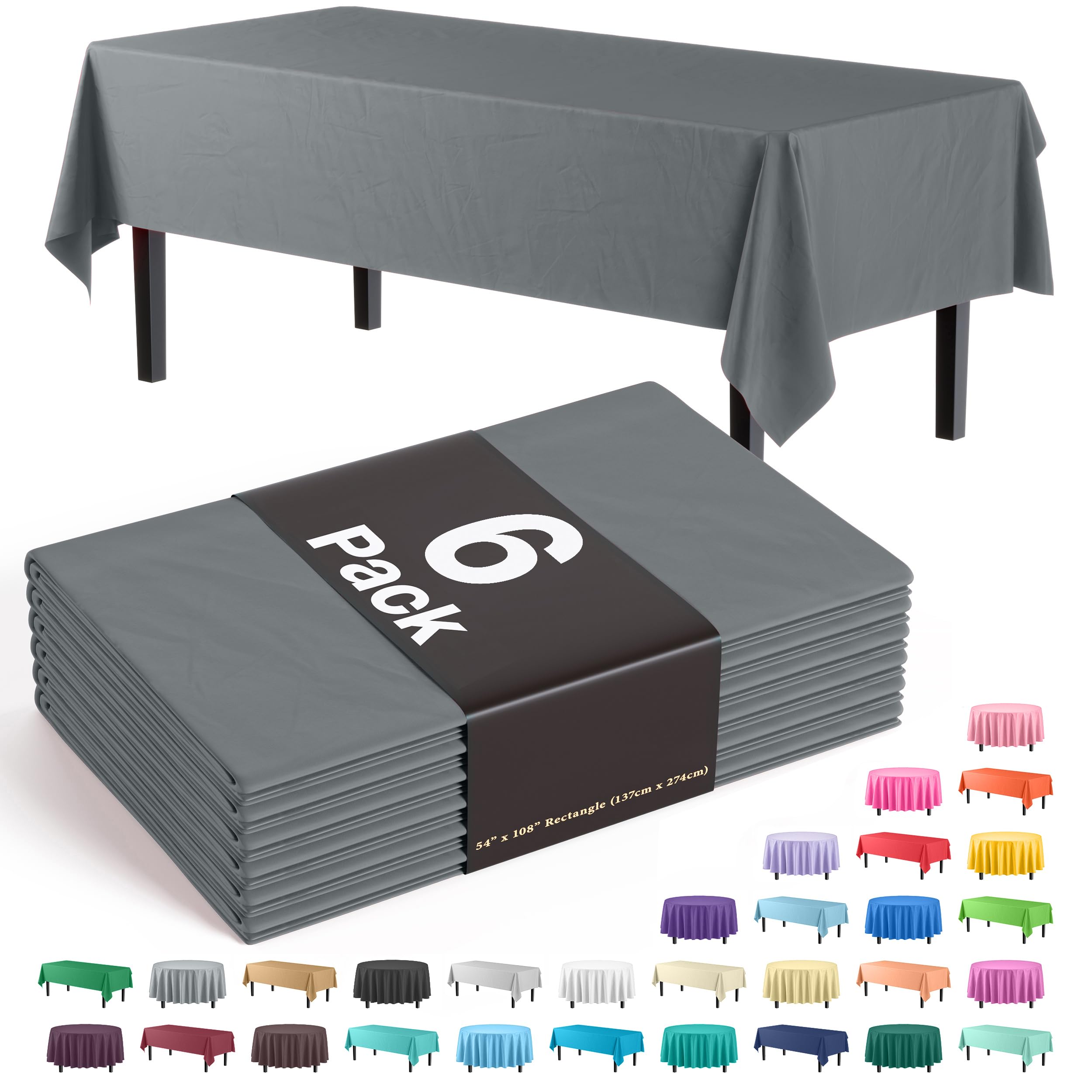 Exquisite 6-Pack Premium Plastic Tablecloth 54In. X 108In. Rectangle Plastic Table Cover - Silver