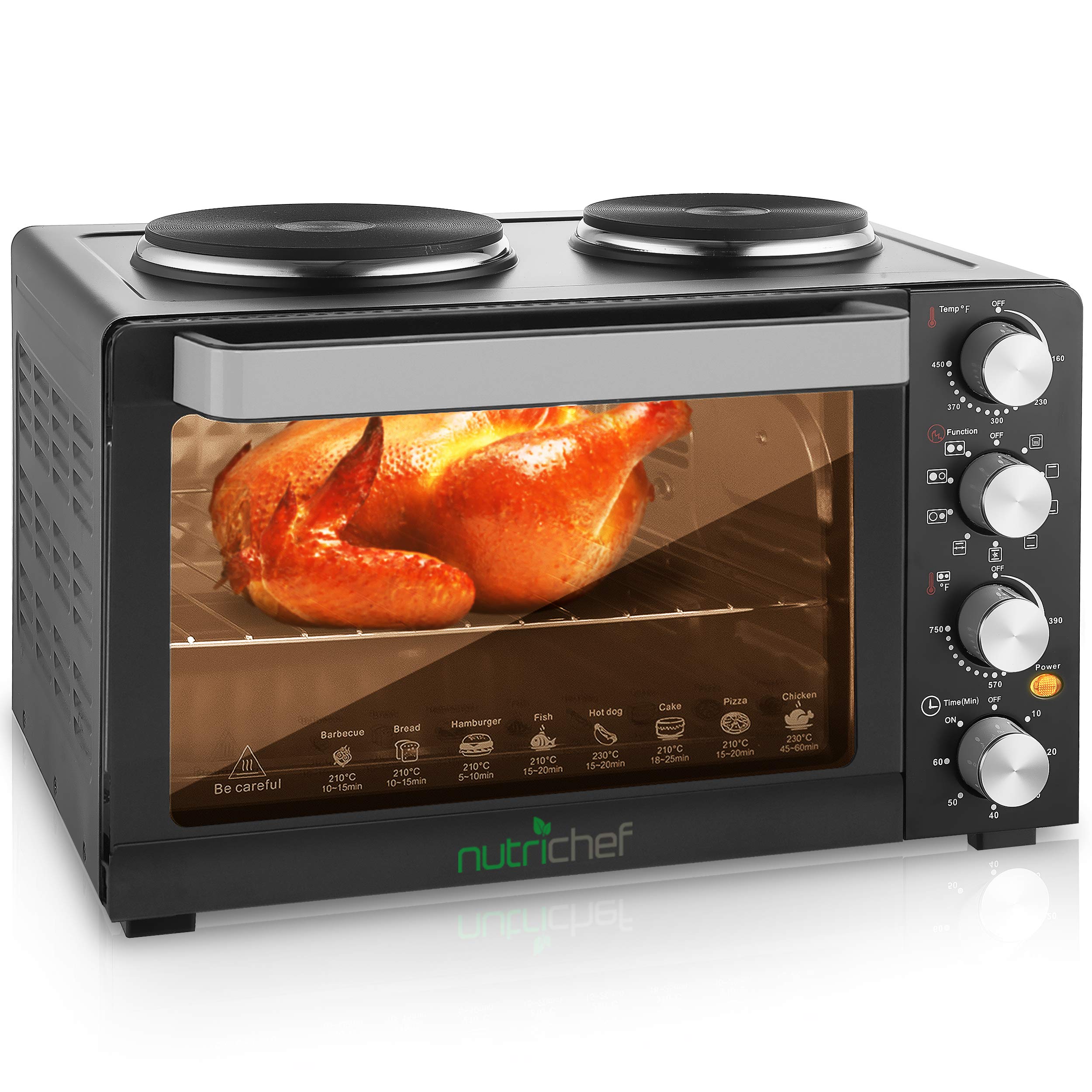 Nutrichef Kitchen Convection Oven - Electric Countertop Rotisserie Toaster Oven Cooker with Food Warming Hot Plates, 30+ Quart (