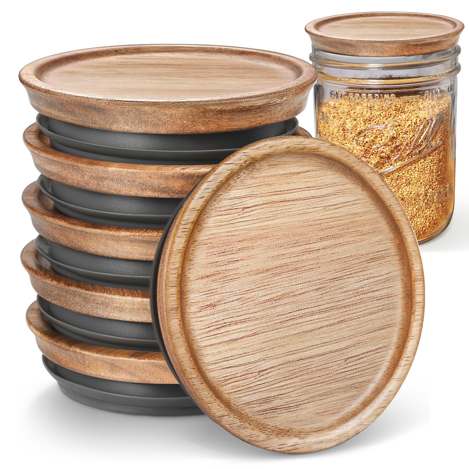 6-Pack Wide Mouth Wooden Mason Jar Lids for Ball/Mason Jars, Reusable Acacia Wood Mason Jar Lids with Airtight Silicone Seal Per