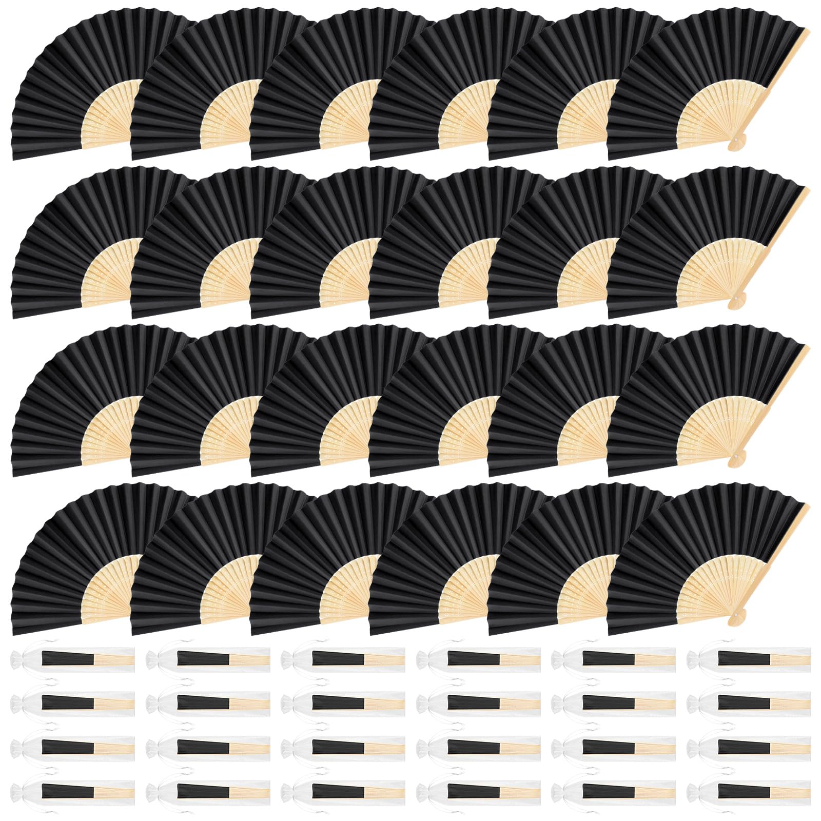 BOUBONI 24 Pieces Black Hand Held Bamboo Folding Fans Paper Fans Handheld for Women Foldable Girls Wedding Decoration Church Hom