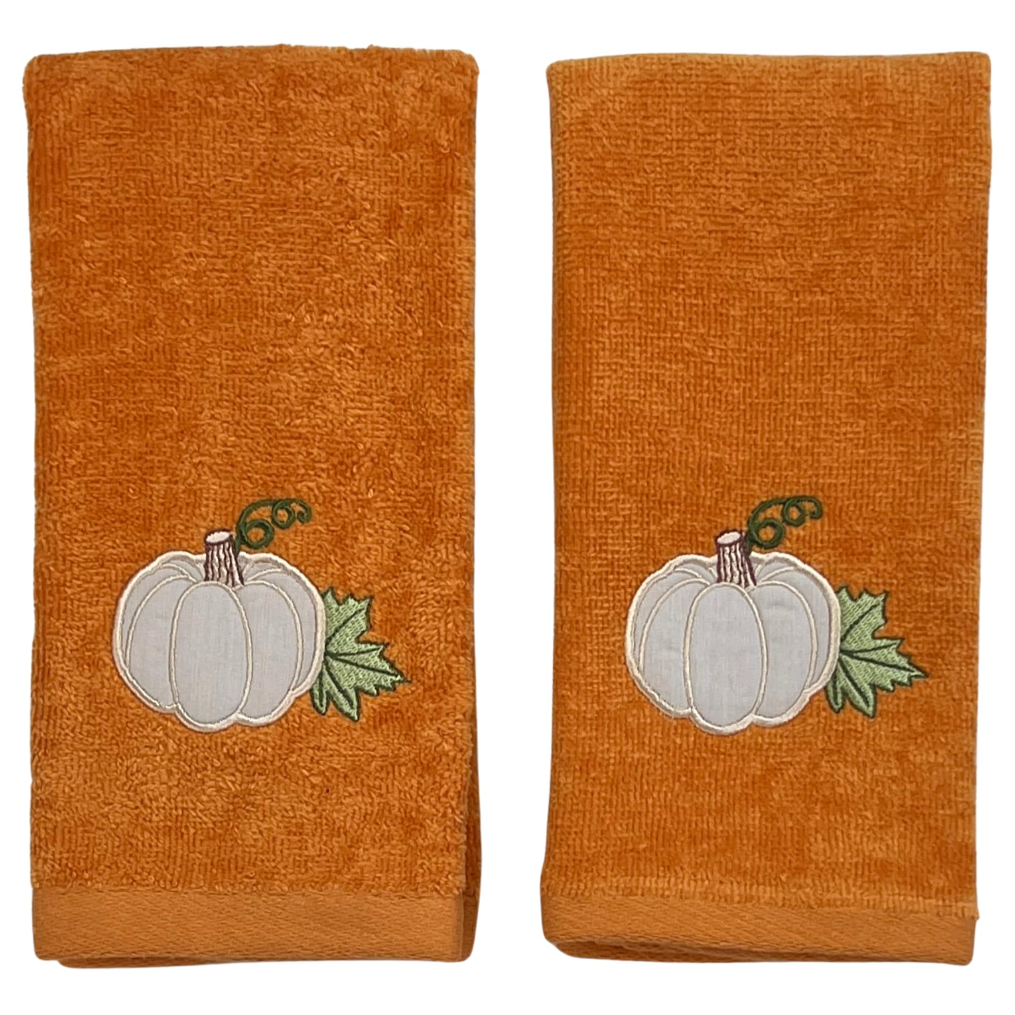 Harvest Fall Tip Towels: Plush Rust Orange Cotton Towels With Pumpkin Leaf Design Set Of 2, 12'' X 18'' Inch