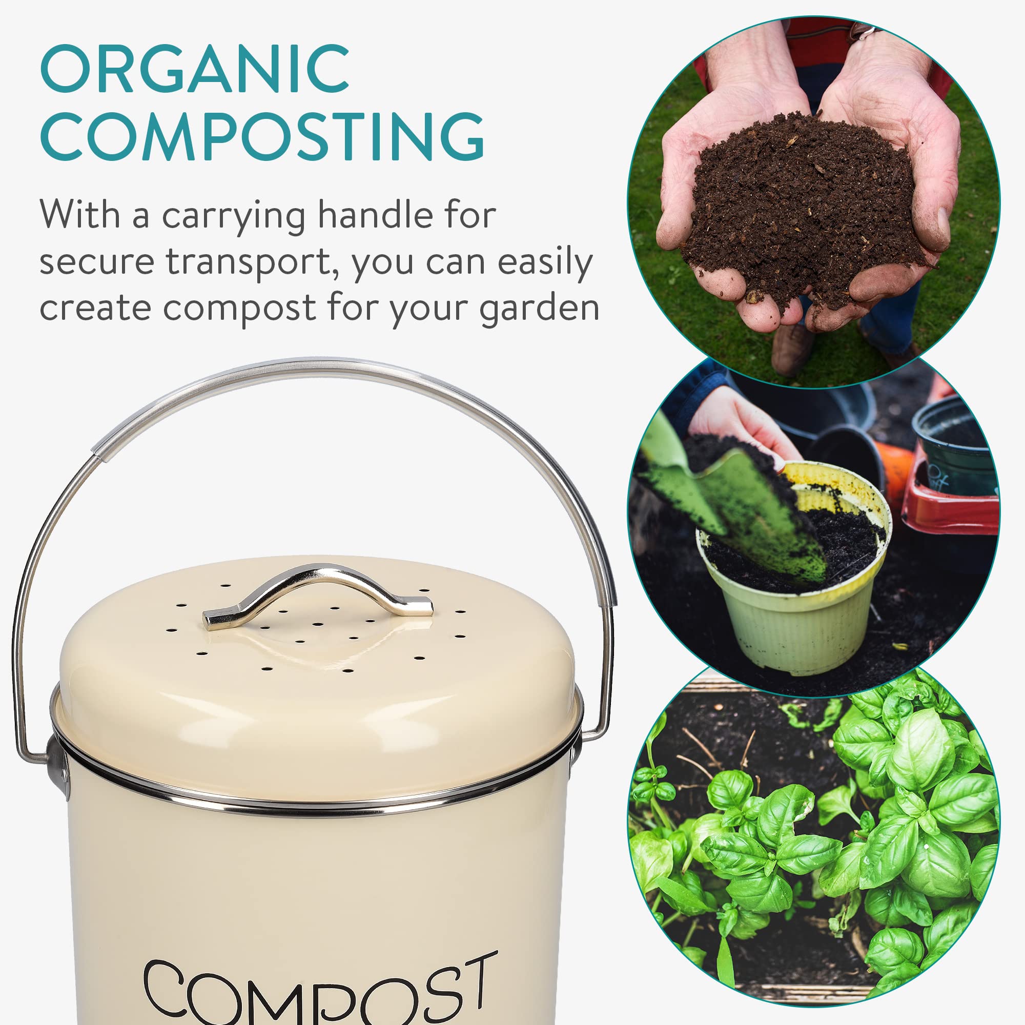 Navaris Compost Bin For Kitchen Counter - 0.8 Gallon (3L) Metal Countertop Indoor Composter Bucket With Charcoal Filters And Lid