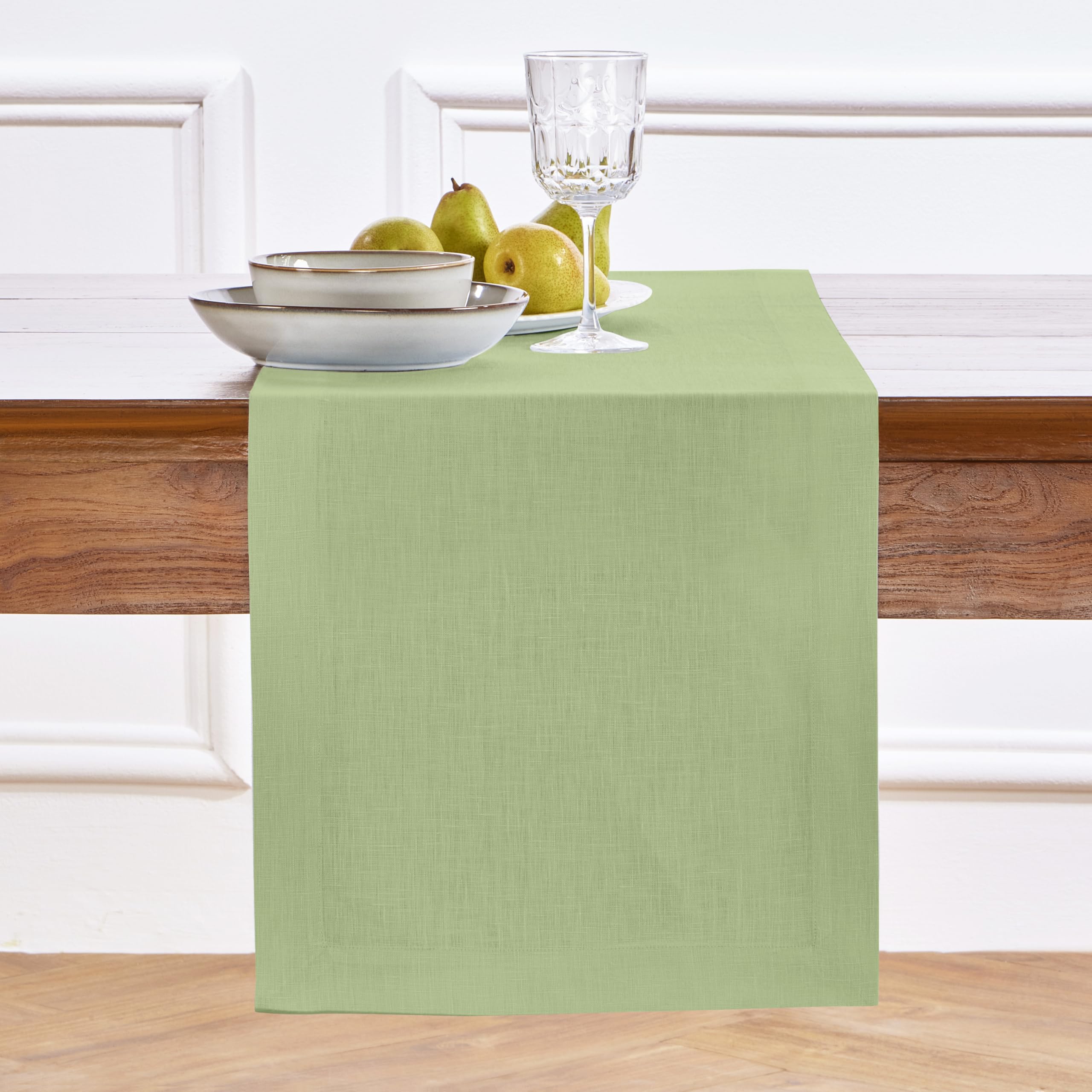 Solino Home Linen Table Runner 120 Inches Long - 100% Pure Linen Laurel Green Dining Table Runner 14 x 120 Inch for Fall, Autumn