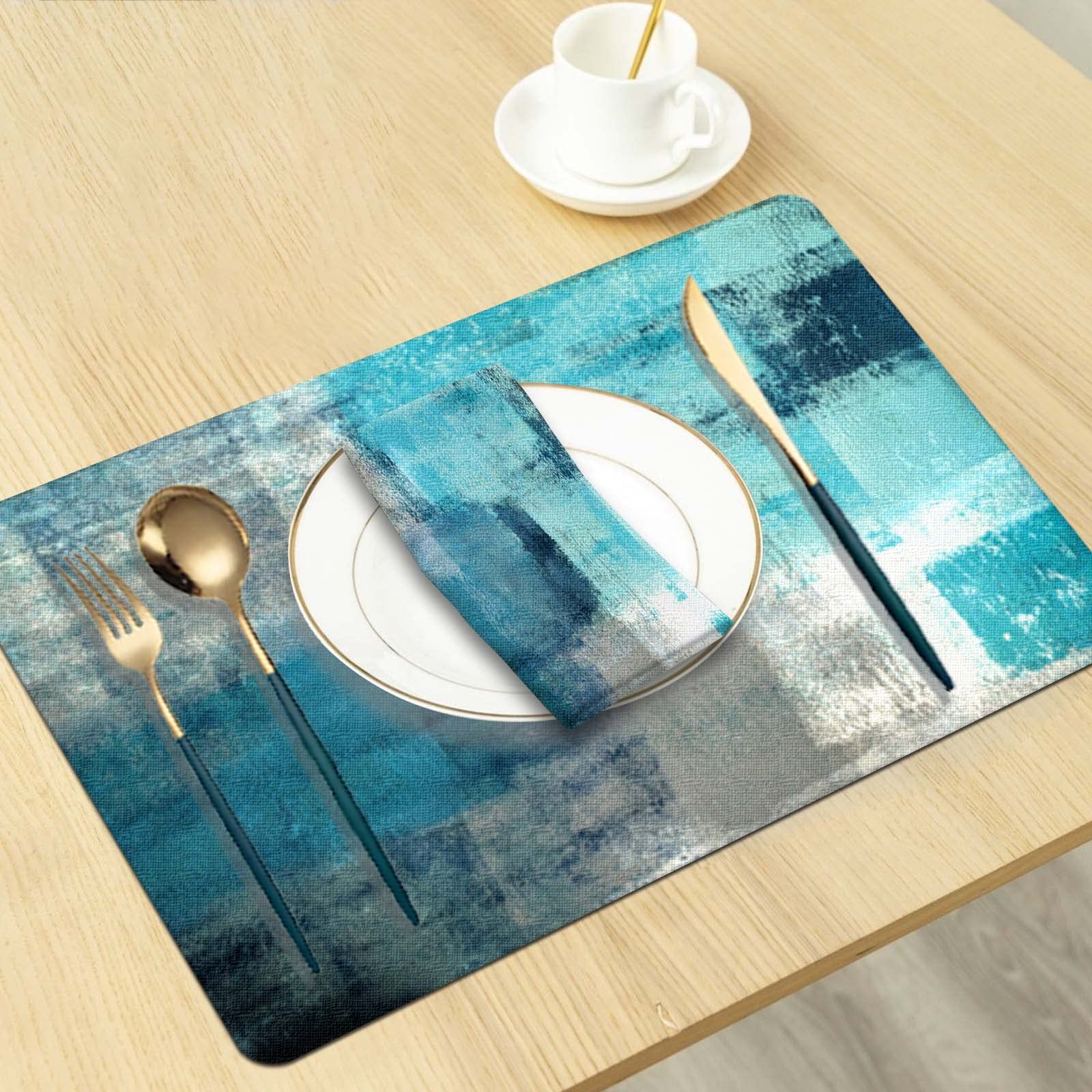 Turquoise Placemats and Cloth Napkins Set of 8  Modern Art Placemat  Abstract Art Painted Placemats for Home Kitchen Decor (Placemats 18 ''x12 Cloth Napkins 18 ''x18)