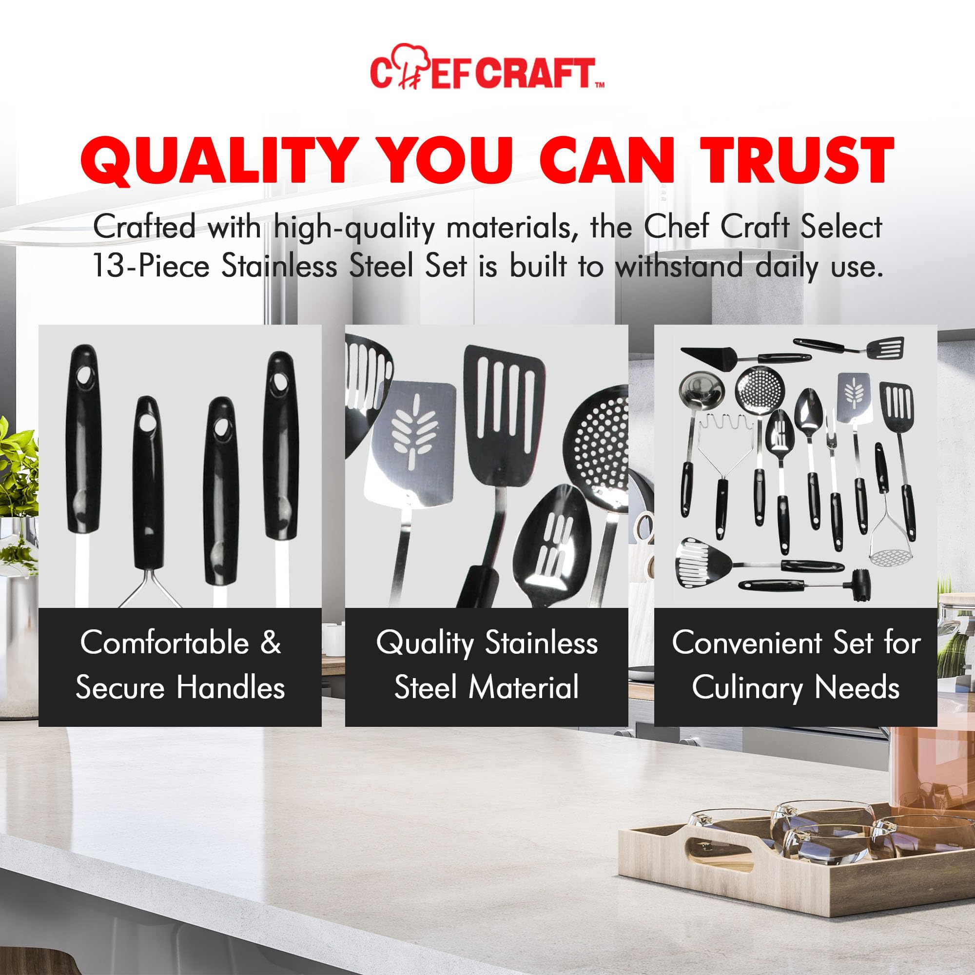 Chef Craft Select Kitchen Tool And Utensil, 13 Piece Set, Stainless Steel/Black