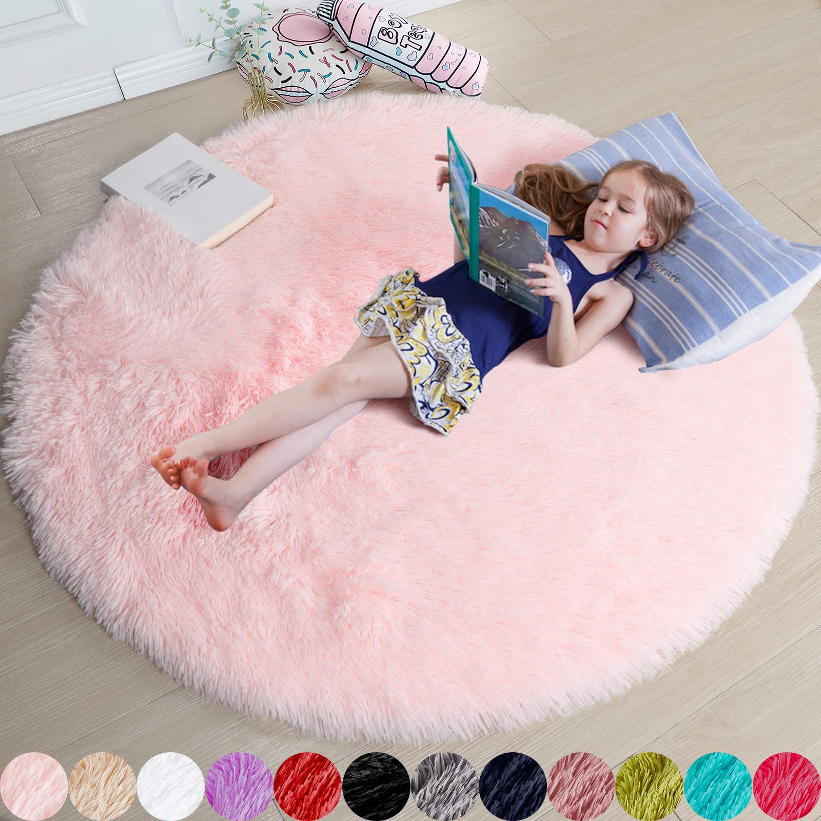 Pink Round Rug for Girls Bedroom,Fluffy Circle Rug 6X6 for Kids Room,Furry Carpet for Teen Girls Room,Shaggy Circular Rug for 