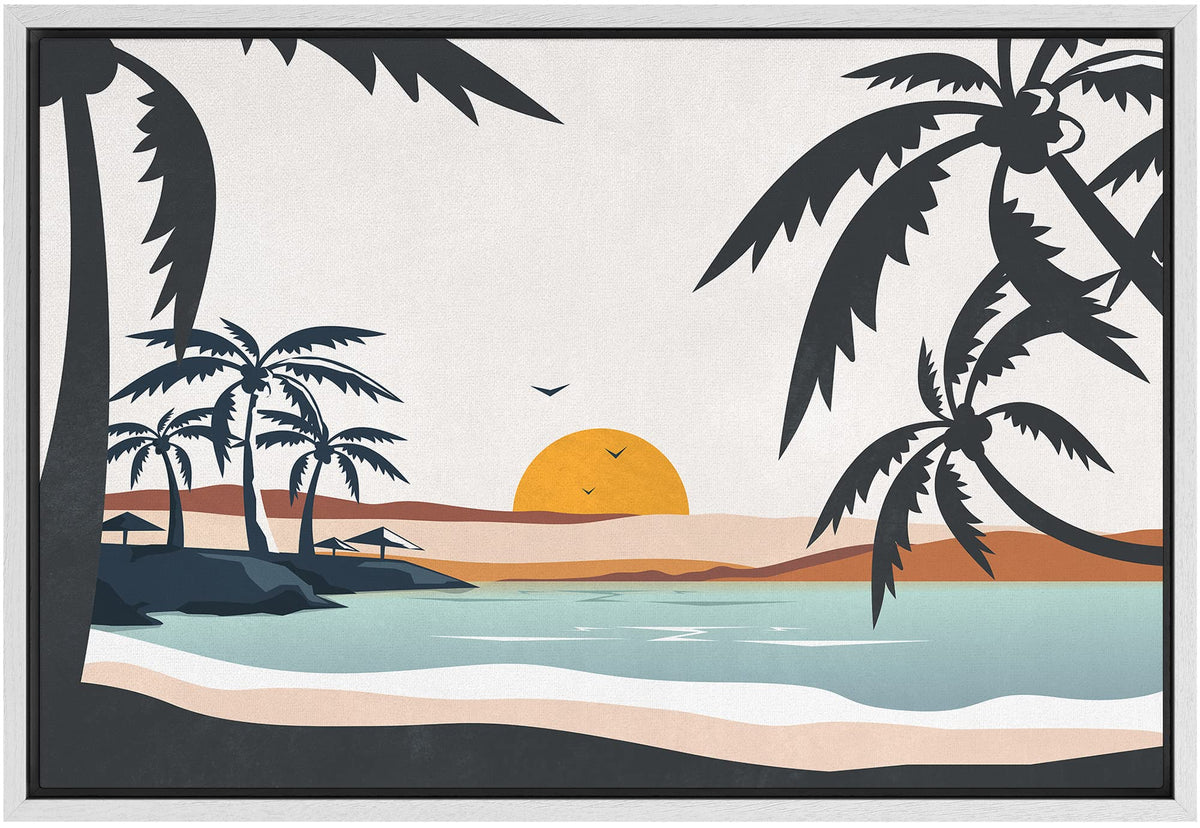 Signford Framed Canvas Print Wall Art Pastel Ocean Sunshine Sunset Horizon Nature Wilderness Illustrations Modern Art Decorative