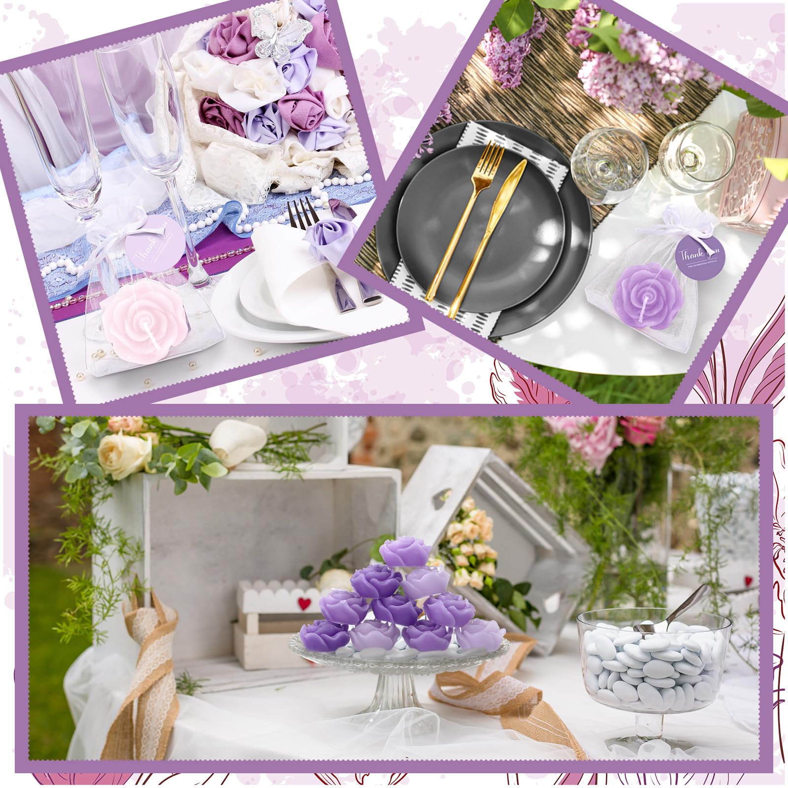 Treela 24 Set Flower Candles Wedding Favor for Guests Mini Purple Rose Shaped Tealight Candles for Return Gift Wedding Birthday