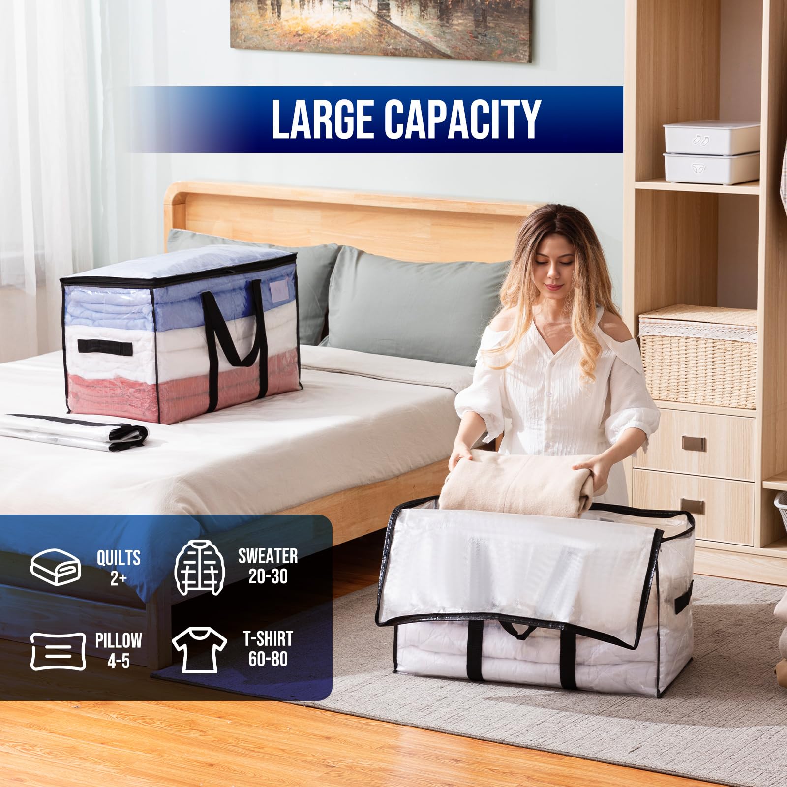 Taili Extra Large Moving Bags, 4 Pack Clear Heavy Duty Totes For Storage, Wrap Around Handles, Storage Bags For Space Saving Mov