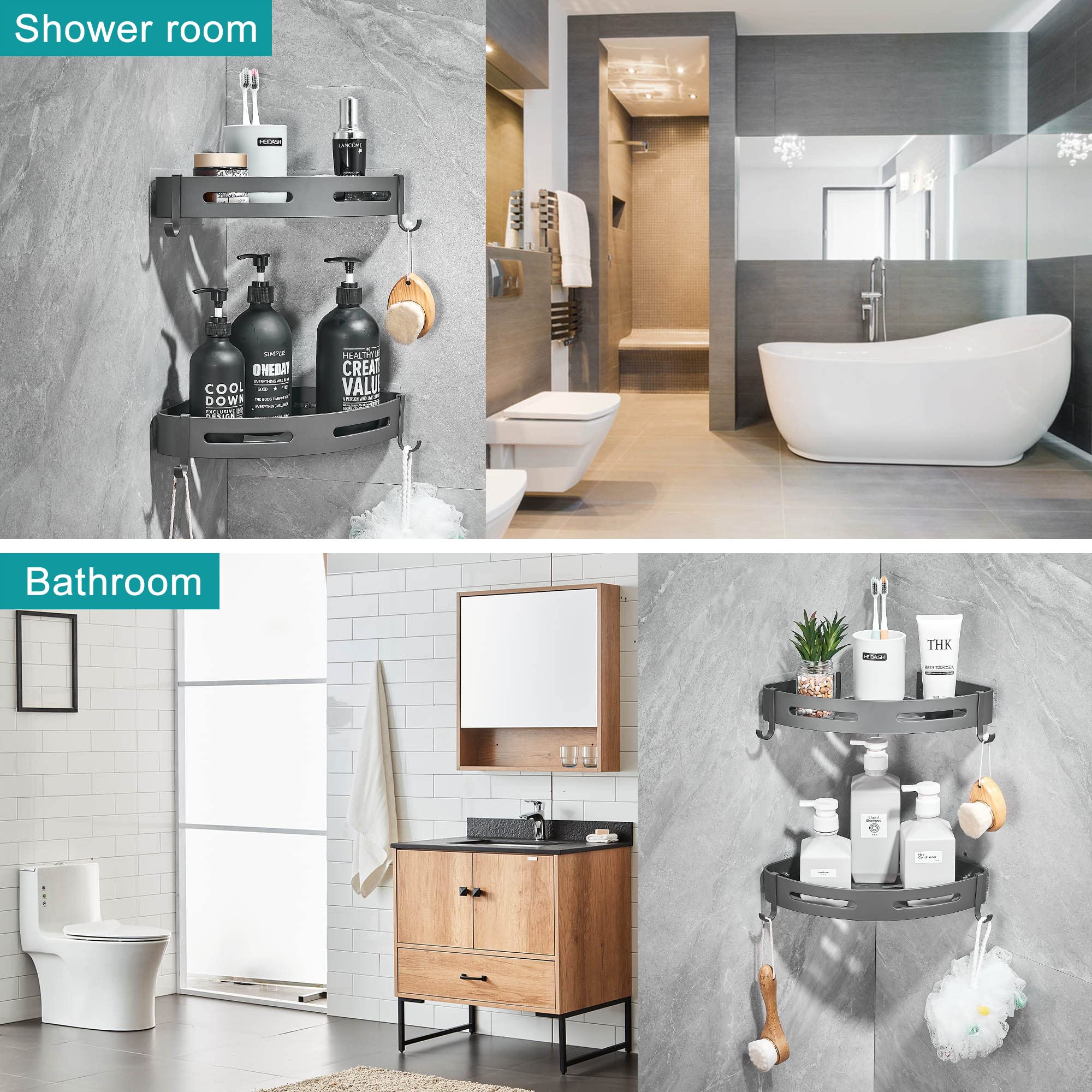 Hoomtaook 2-Tier Corner Shower Shelf No Drilling Bathroom Shelves Shower Caddies Adhesive Bath Corner Shelf Wall Mounted Bathroo