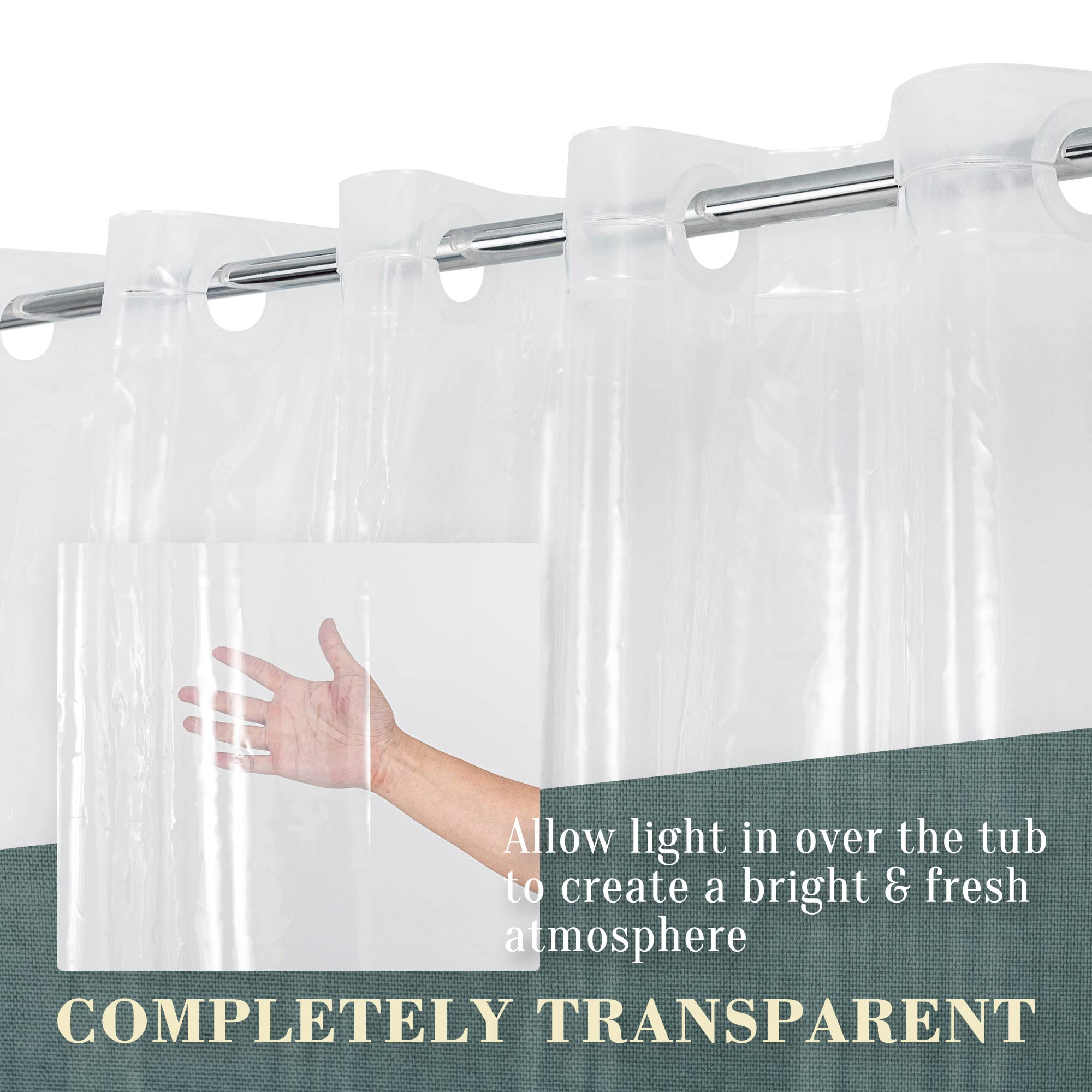 Abluen No Hook Peva Shower Curtain Or Liner - 8G Heavy Duty Clear Bathroom Shower Curtain No Hooks Required, Waterproof Plastic