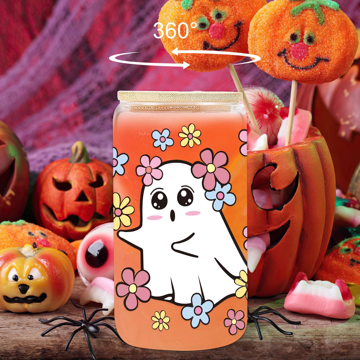 UAREHIBY Halloween Ghost Glass Cup, Cute Boo Basket Stuffers for Women, 18oz Floral Daisy Ghost Spooky Iced Coffee Glass Tumbler