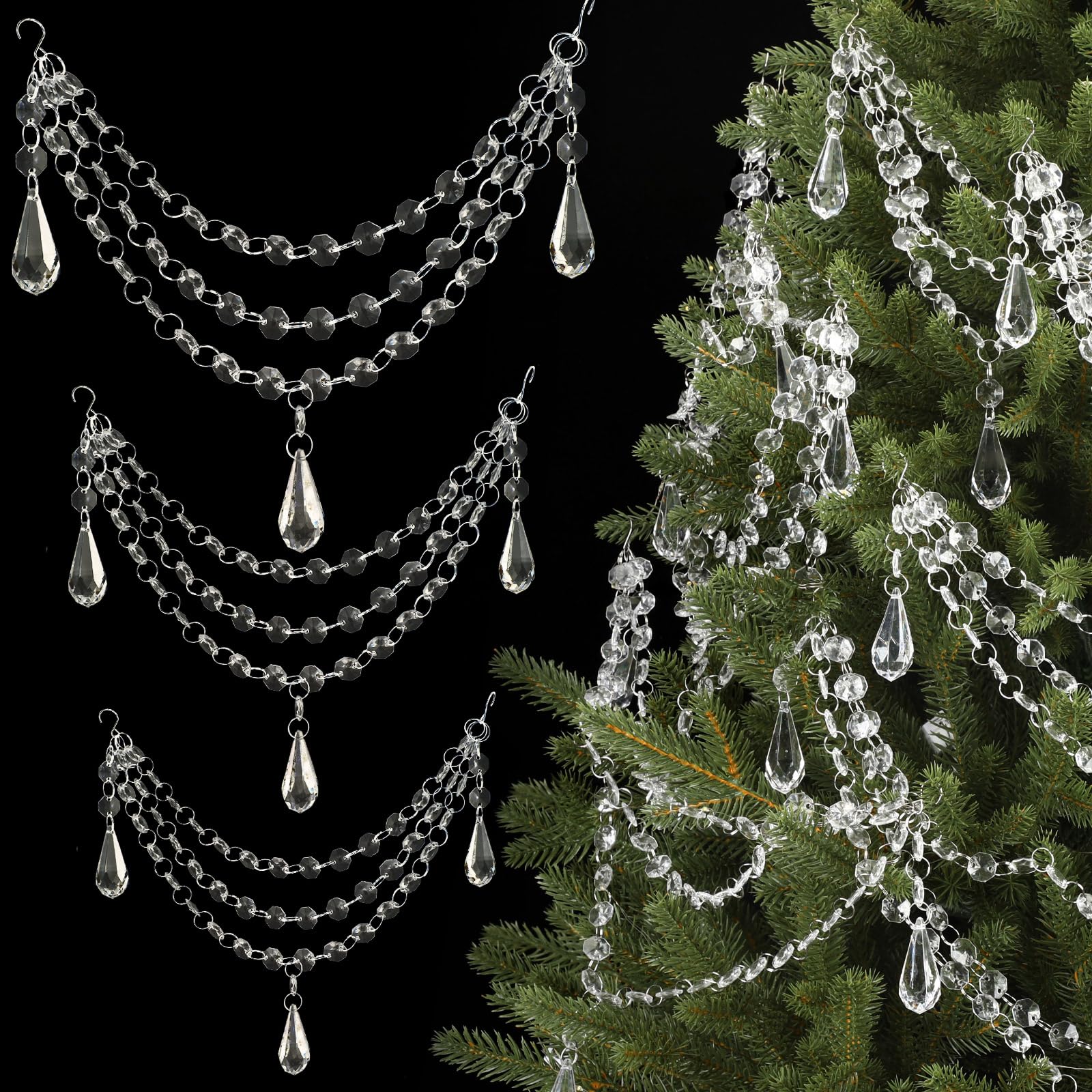 Pinkunn 12 Pcs 3-Layer Crystal Garland for Christmas Tree 20in 16in 12in 3-Layer Acrylic Bead Garland Hanging Christmas Decorati