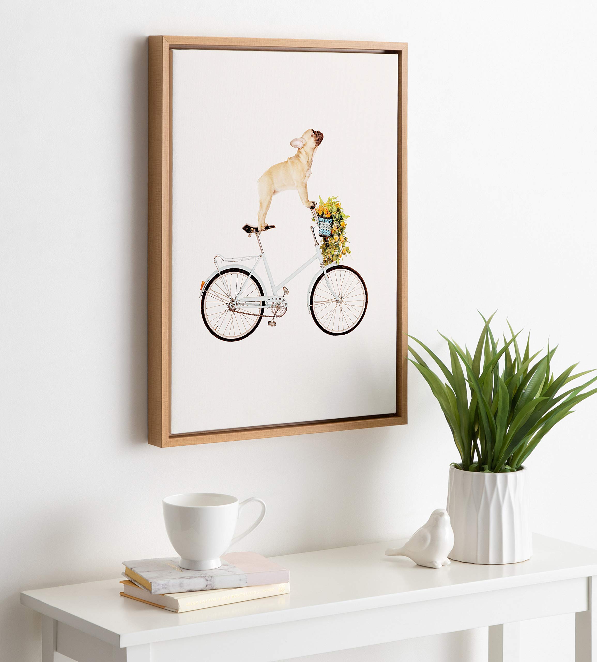 Kate And Laurel Sylvie Frenchie Bulldog Framed Canvas Wall Art By Amy Peterson, 18X24 Natural, Adorable Whimsical Dog Decor