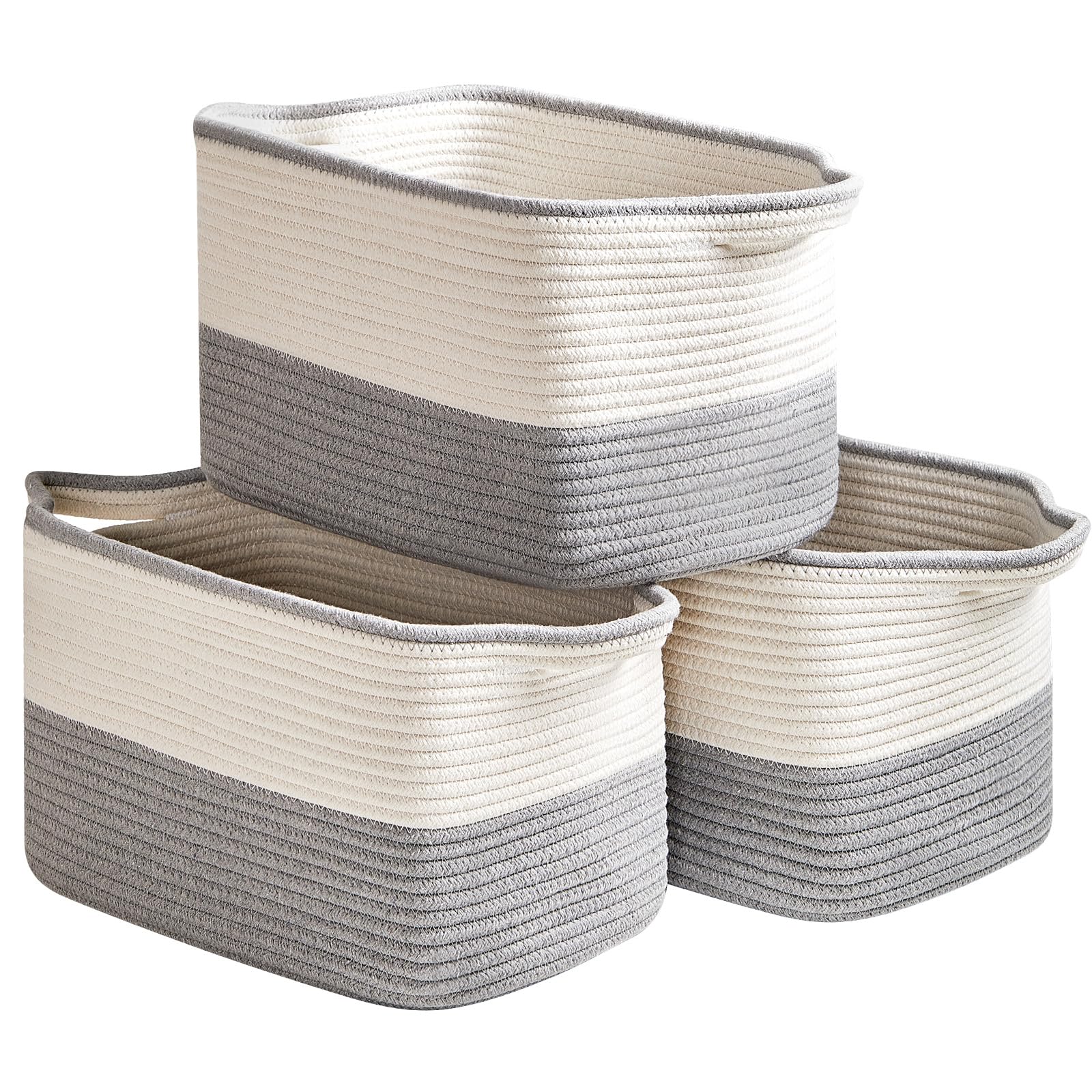 R Runka Cotton Rope Storage Basket Set Of 3 (15''X10.2''X9.1'') - Rectangle Storage Bins - Versatile Toy Storage Organizer - Per