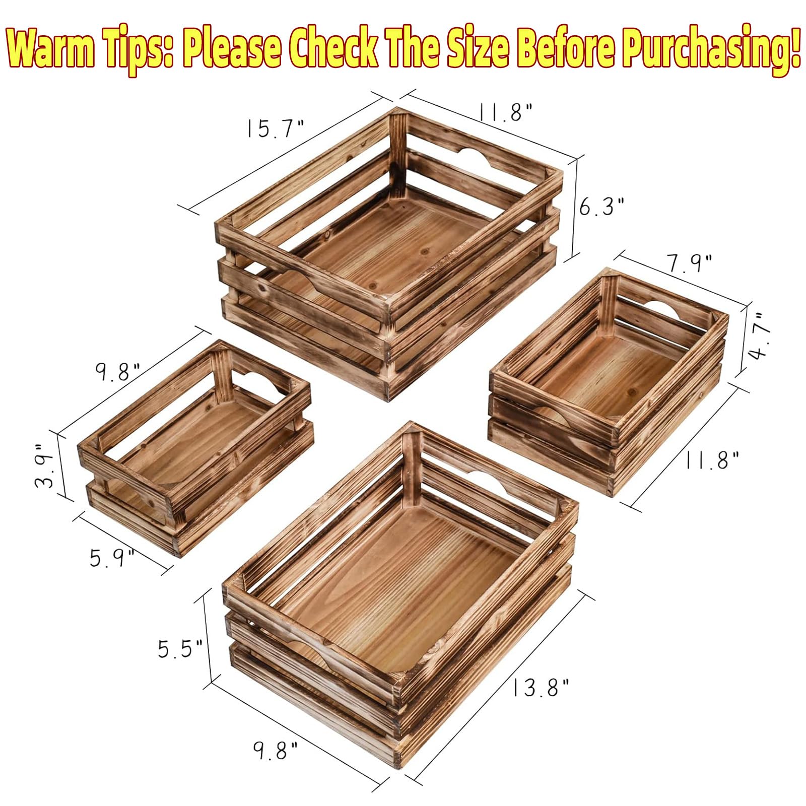 MACVAD Set of 4 Large Torched Wood Decorative Storage Crates, Nesting Wooden Crates for Display Rustic, Farmhouse Wooden Storage
