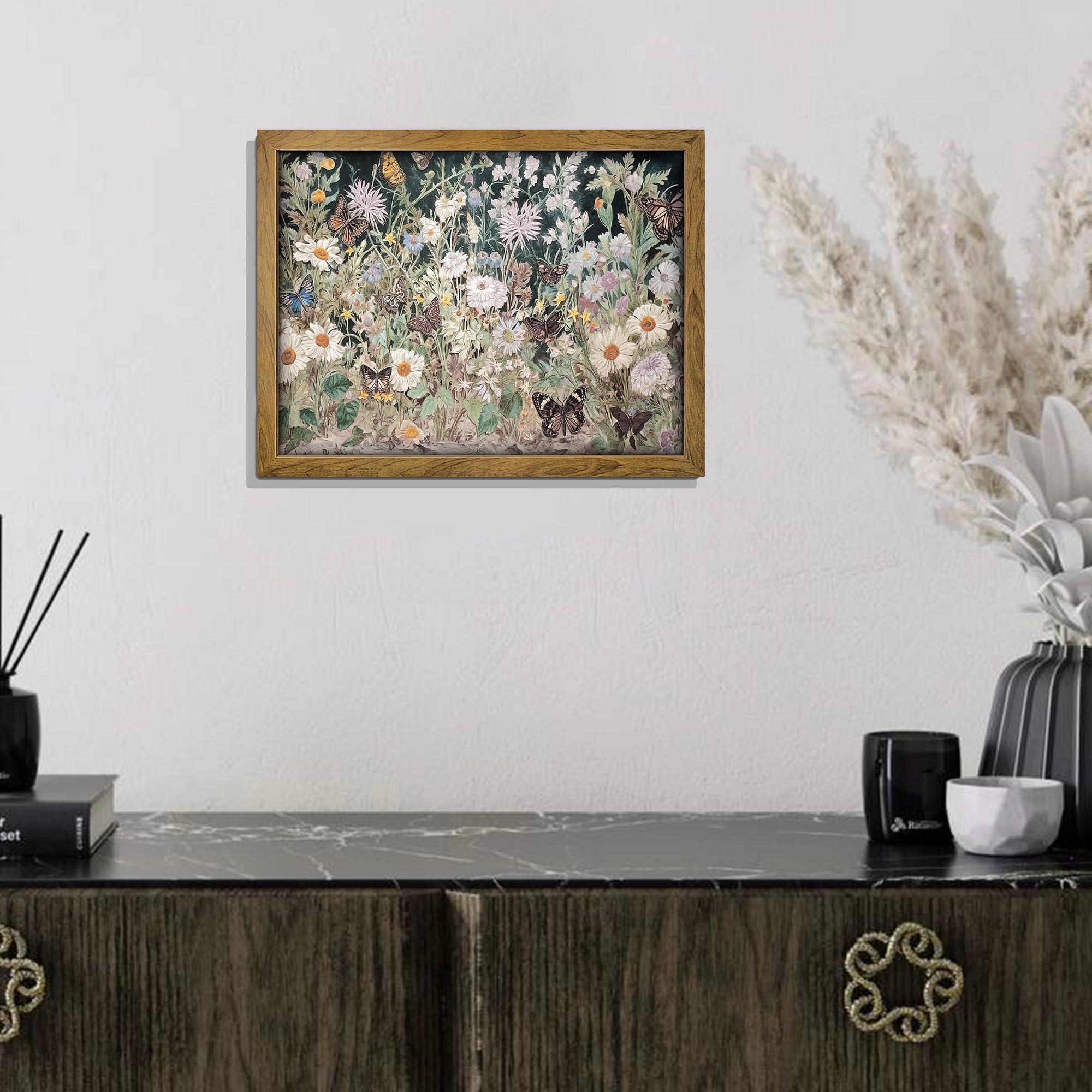 Banmu Wildflowers Butterfly Garden Painting - Spring Dark Botanical Wall Art, Jewel Toned Floral Painting For Bedroom Decor, Liv