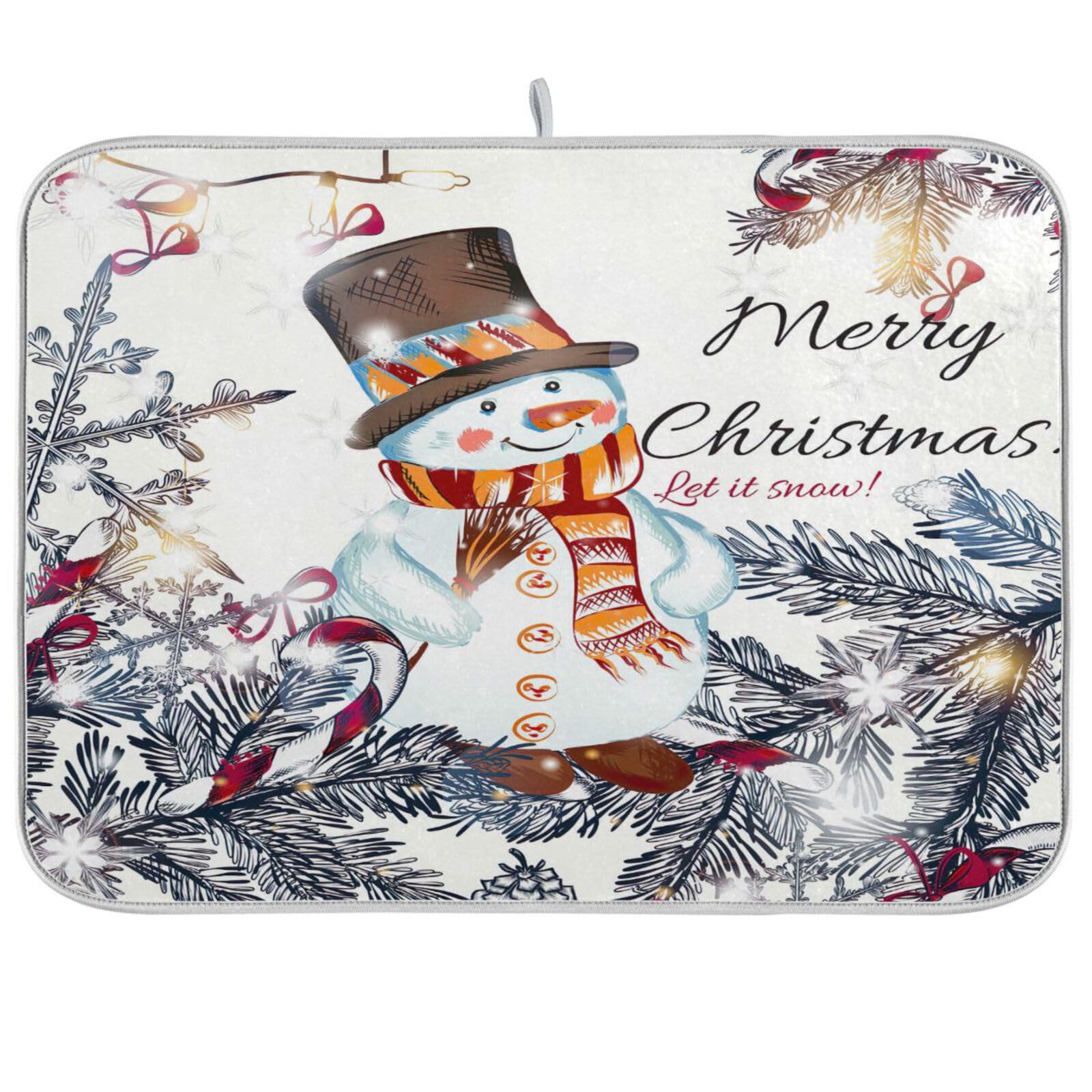 Cute Christmas Snowman Dish Drying Mat For Kitchen Counter, Drying Mat For Kitchen Counter, Absorbent Polyester Material, Heat-R
