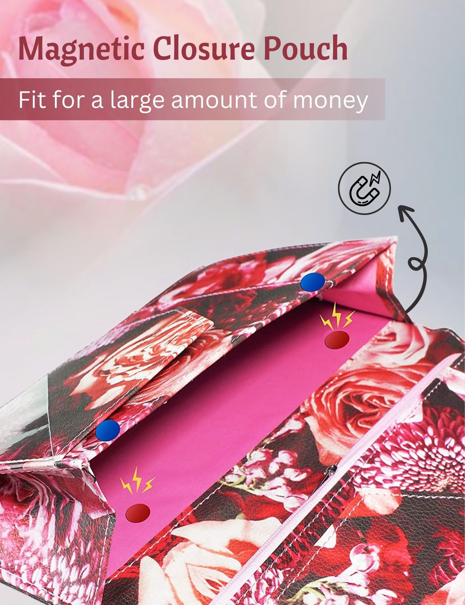 Server Book for Waitress with Zipper and Magnetic Pocket 5'' X 9'' Rose Flower Waitress Book Red Waiter Book Wallet Restaurant Waitstaff Organizer Fit Server Apron with Money Pocket