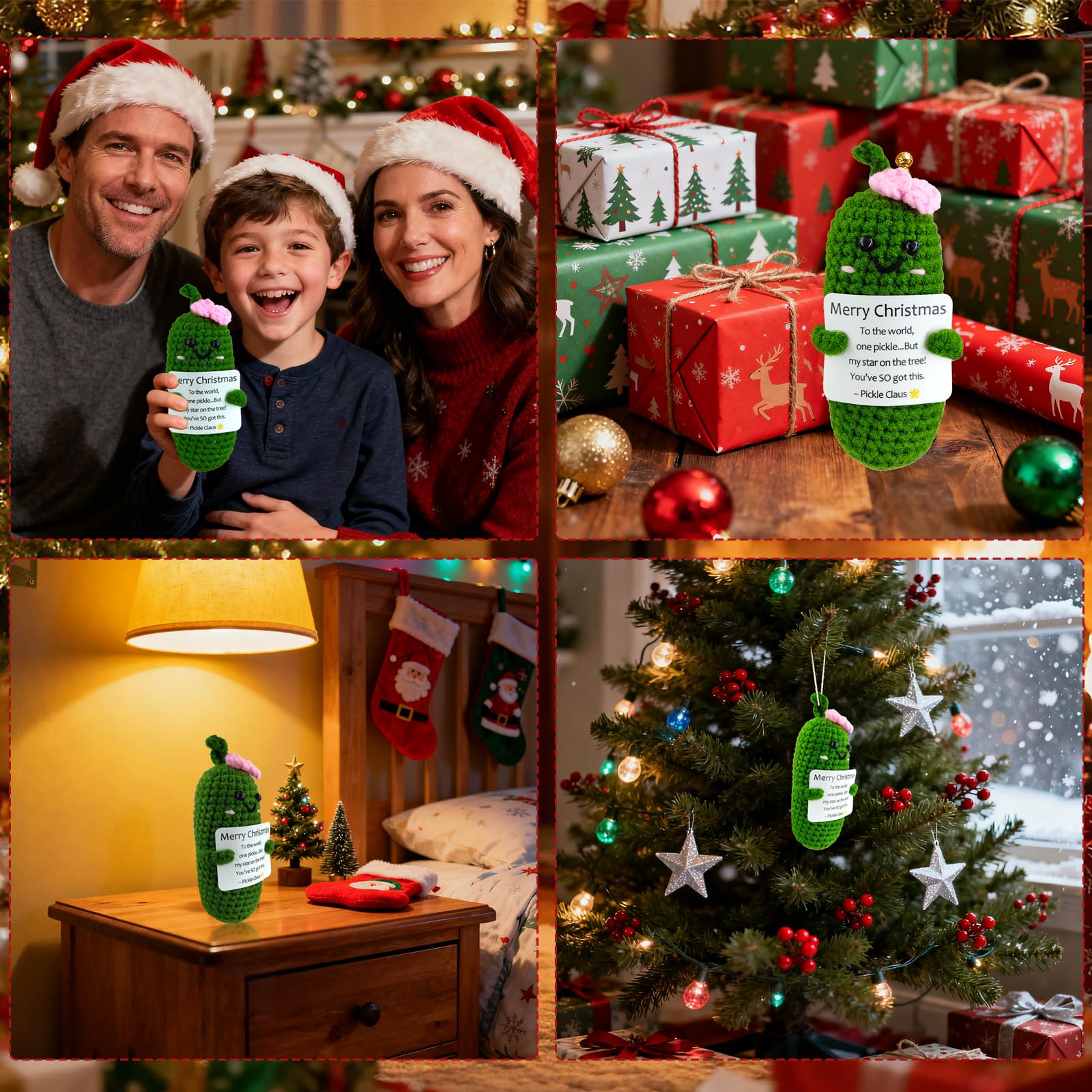 SIMXEHAY Handmade Crochet Merry Christmas Pickle Gift,Funny Festival Wishes Pickle Ornament with Encouragement Cards, Cute Knitt