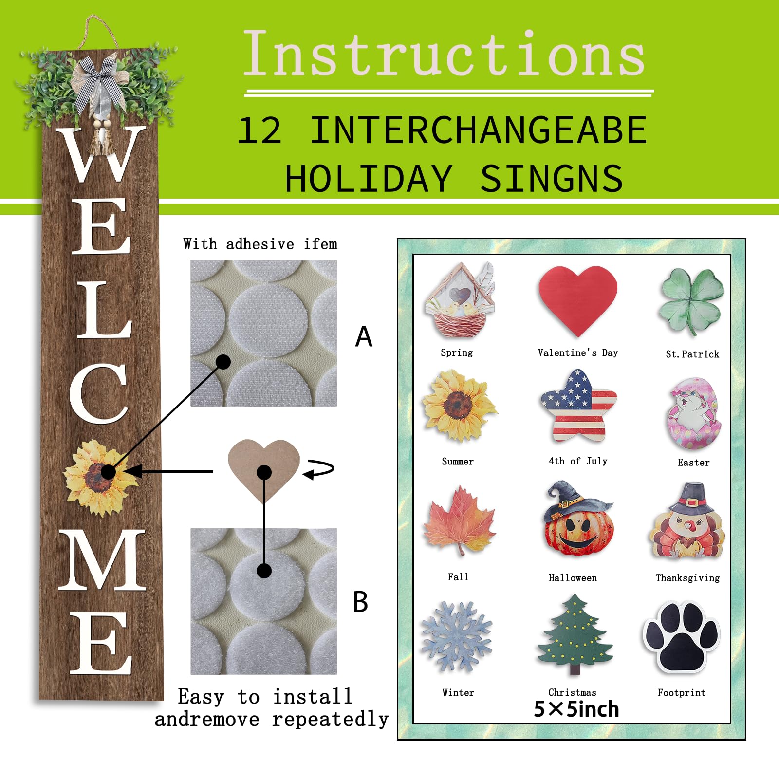 flowtorely Interchangeable Outdoor Welcome Sign for Front Porch Standing 47  8 Set of 3 Large Wood Frame with 12 Pcs Icons Verti