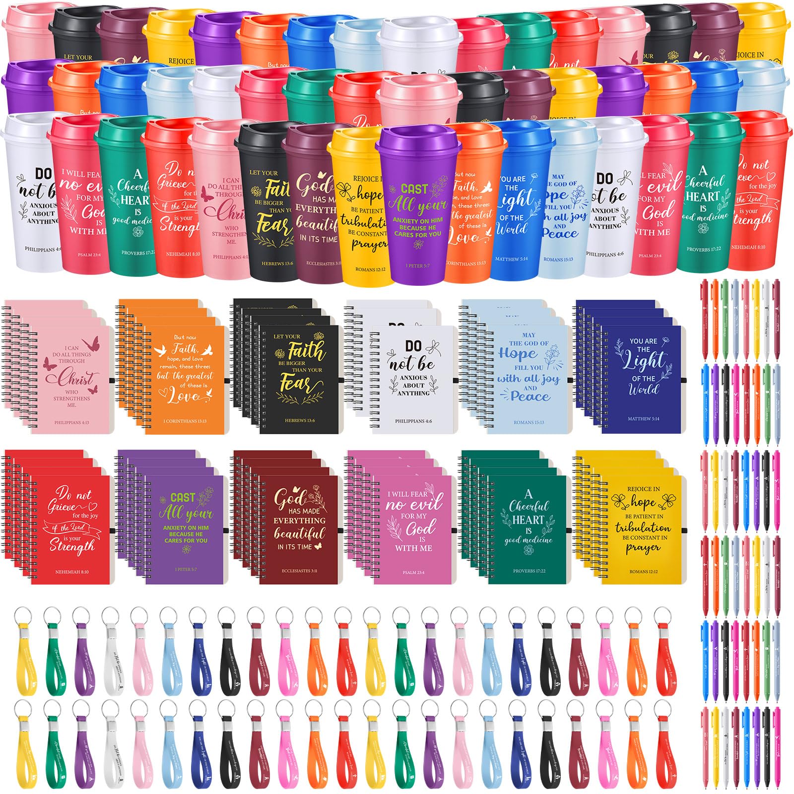 Skylety 48 Set/192 Pcs Christian Gifts Bulk Church Religious Gift Set 16 oz Bible Scripture Cups with Lids Mini Spiral Notebooks