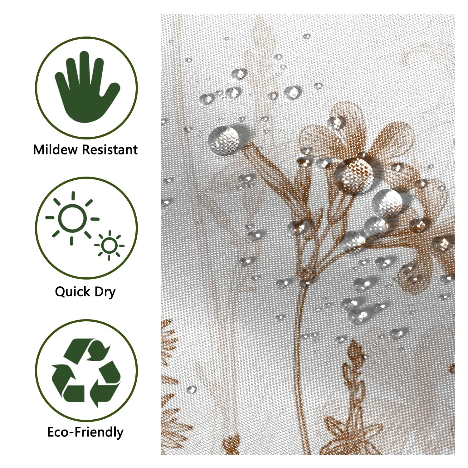Yeele Long Botanical Shower Curtain, Brown Floral Shower Curtain For Bathroom Waterproof Fabric Bathroom Shower Curtain Set With