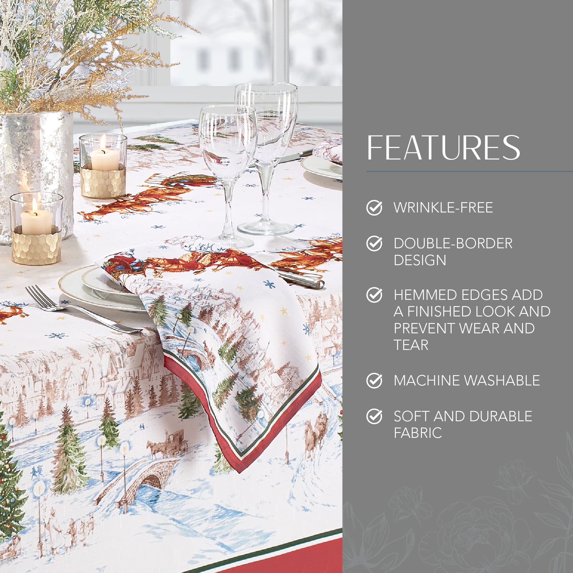Elrene Home Fashions Holiday Tablecloth, 60" x 84", Multi Color, Wrinkle Resistant Fabric, Santa Snowy Sleighride Design