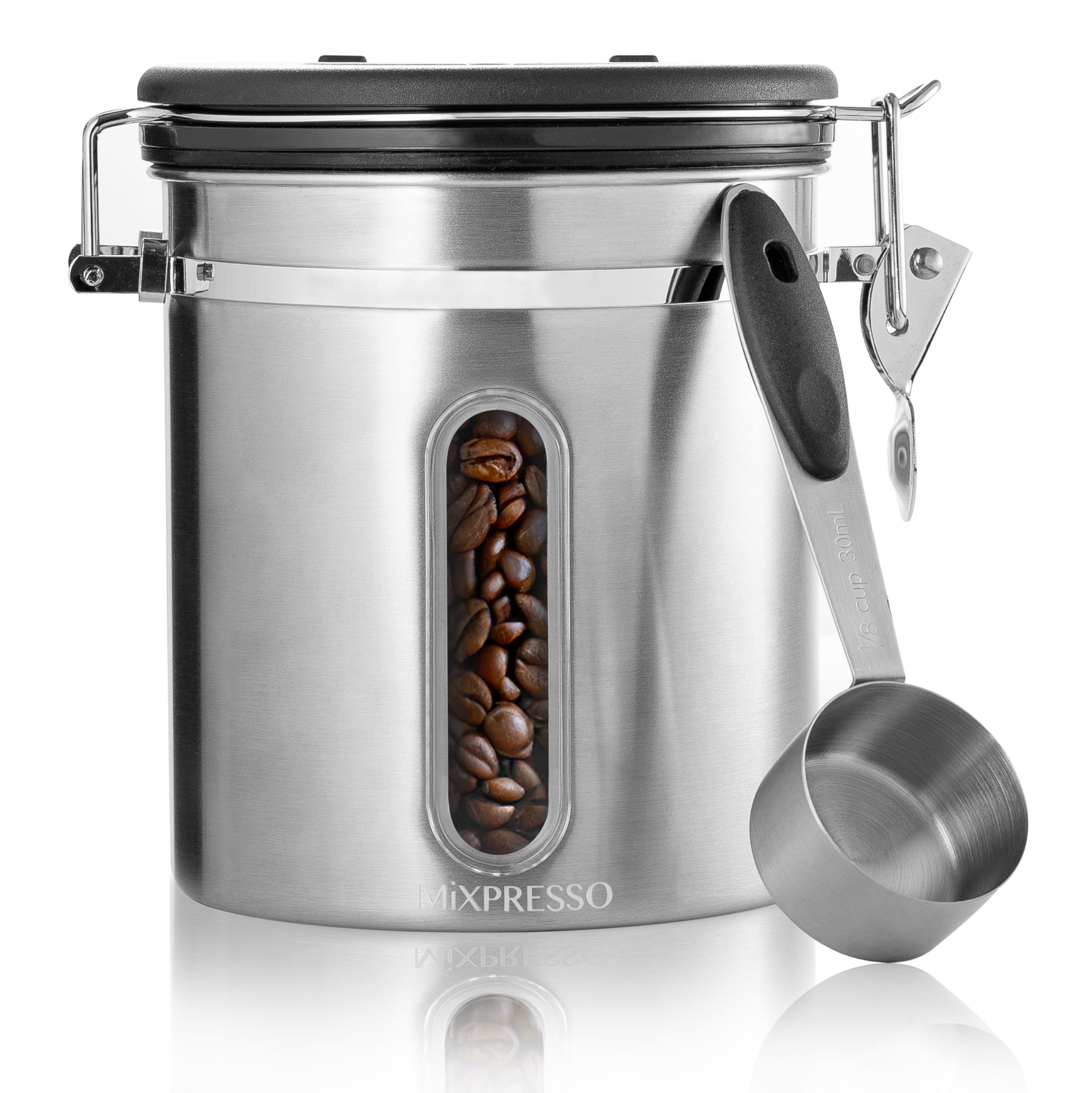 Mixpresso 16 Oz Stainless Steel Coffee Canister with Scoop and Window - Airtight Coffee Container with CO2 Valve for Bean Storag