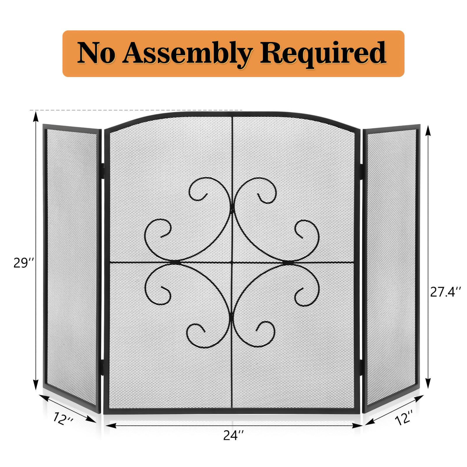 Gtongoko 3 Panel Fireplace Screen 48'' W X 29'' H Wrought Iron Decorative Fire Spark Guard Grate For Living Room Home Decor - Bl