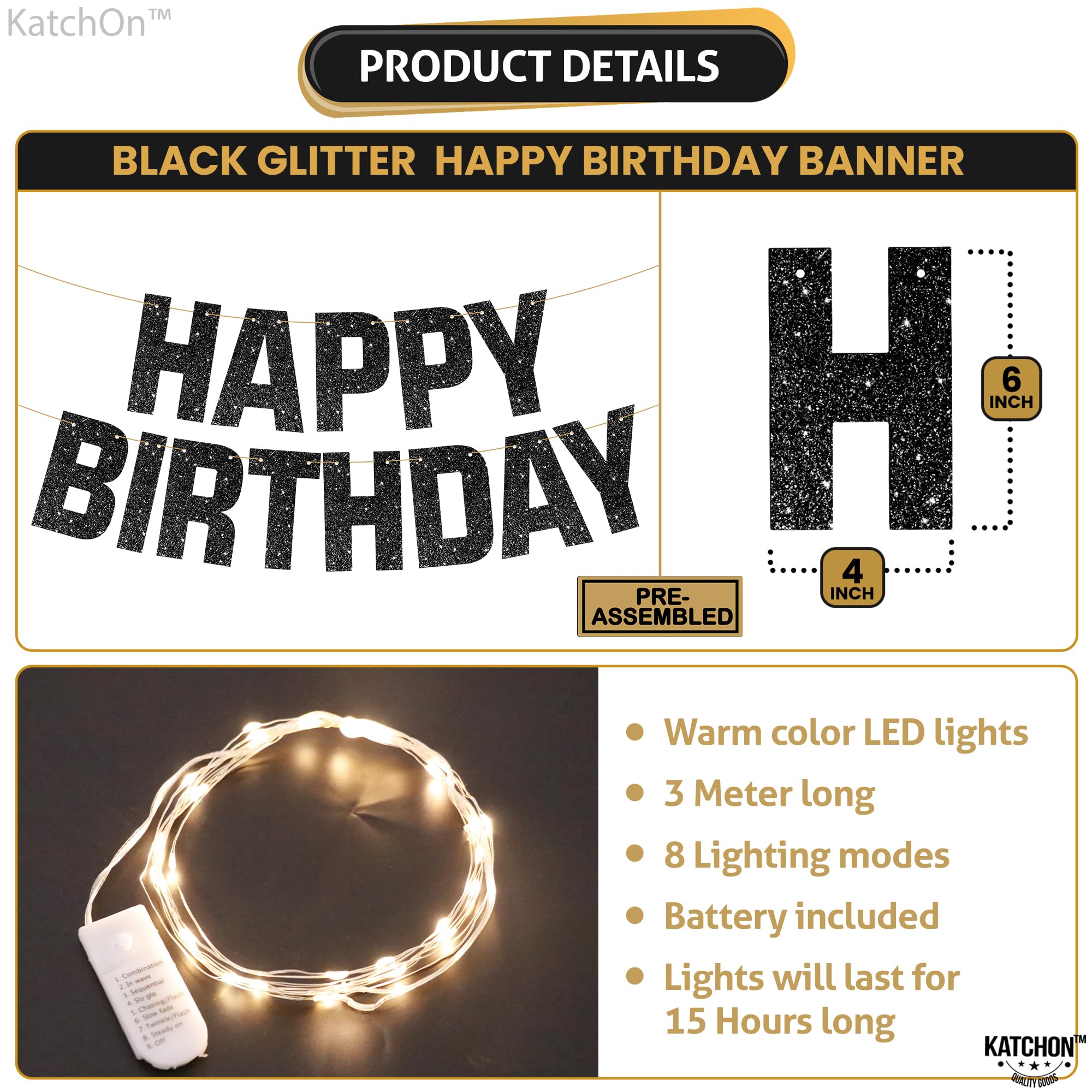 Katchon, Glitter Black Happy Birthday Banner Light Up - Prestrung, 10 Feet | Black Happy Birthday Led Sign, Happy Birthday Banne