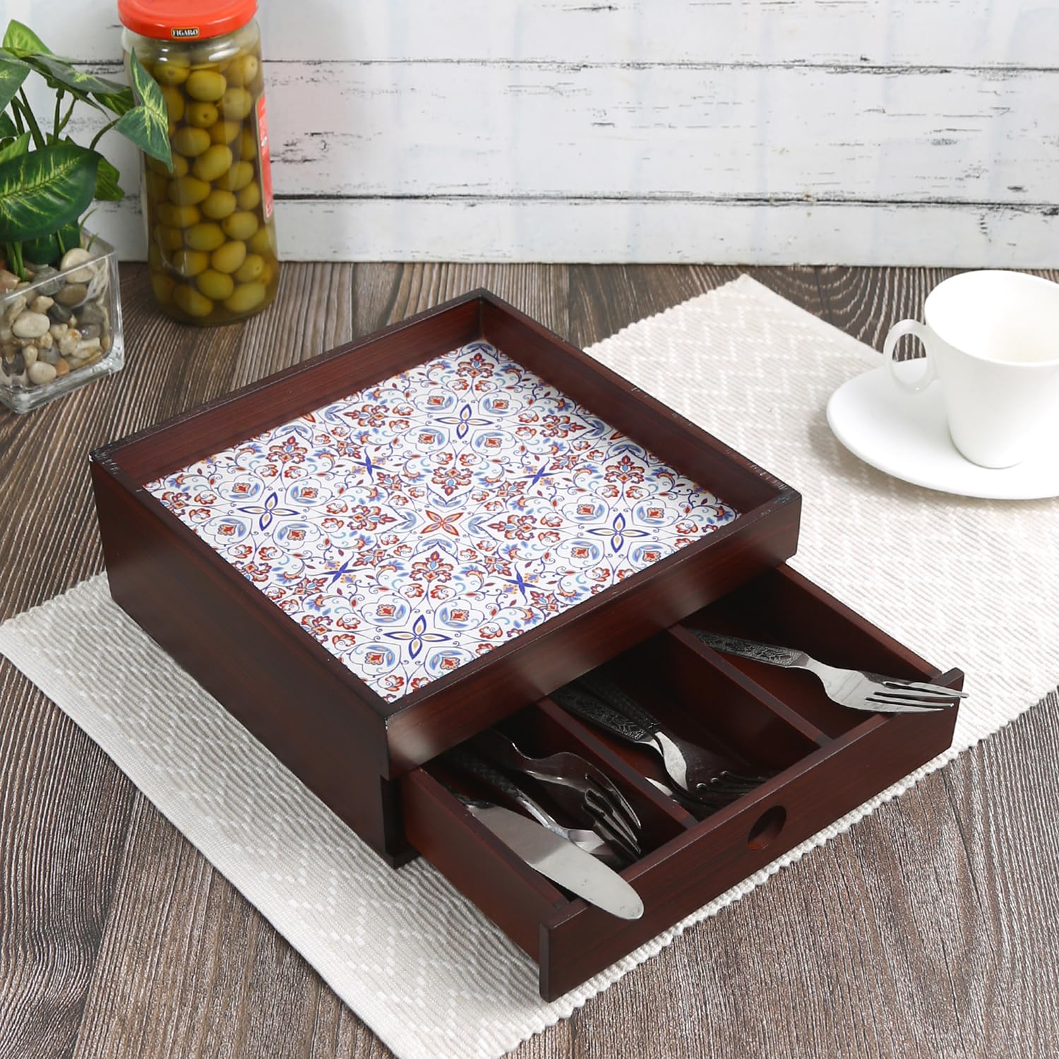 Reinvention Factory TwoTier Wooden Organiser With Sliding Drawer  Desk Caddy/Cutlery Box/Jewellery & Vanity Storage | Turkish 